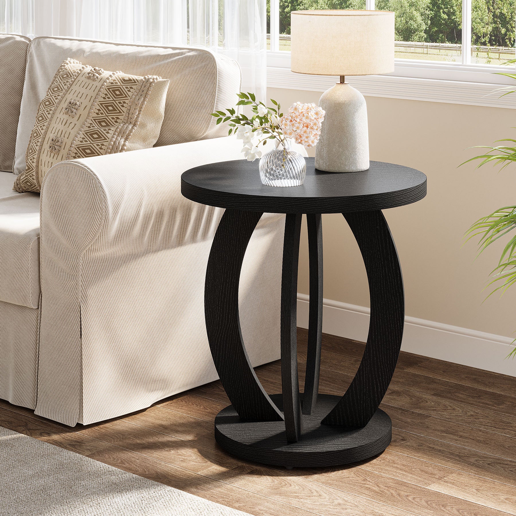 60 cm Compacte ronde bijzettafel met opbergruimte, landelijk tafeltje voor kleine ruimtes