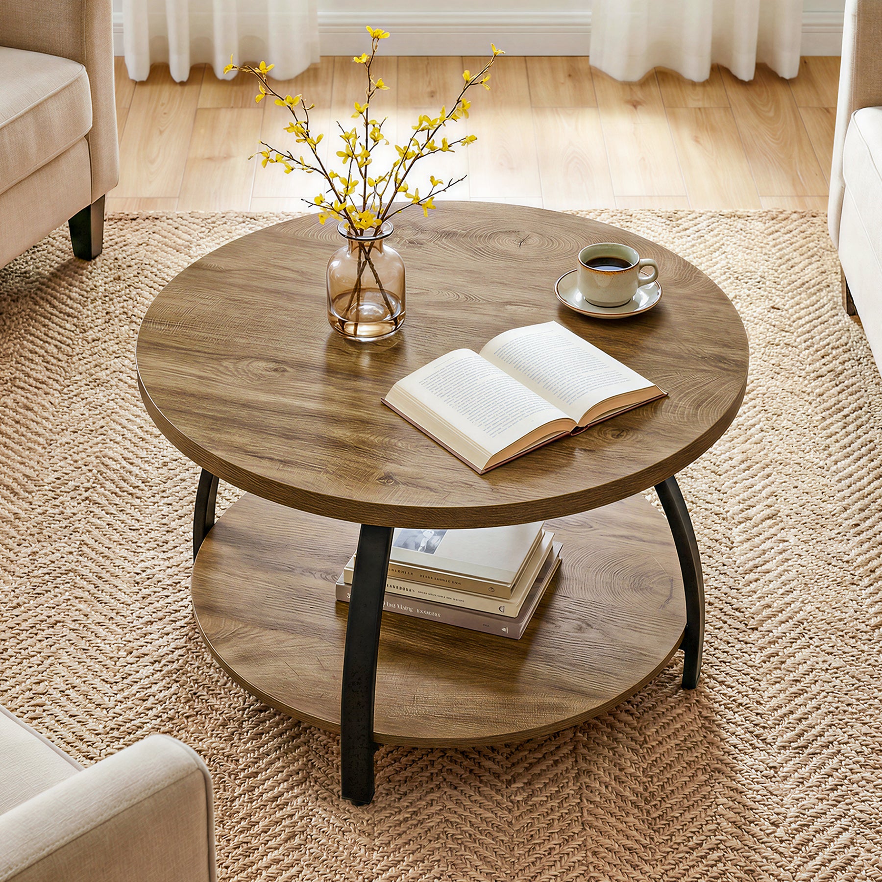 Tribesigns Ronde Salontafel van 80 cm met 2 Niveaus Opbergruimte, Centrale Woonkamertafel