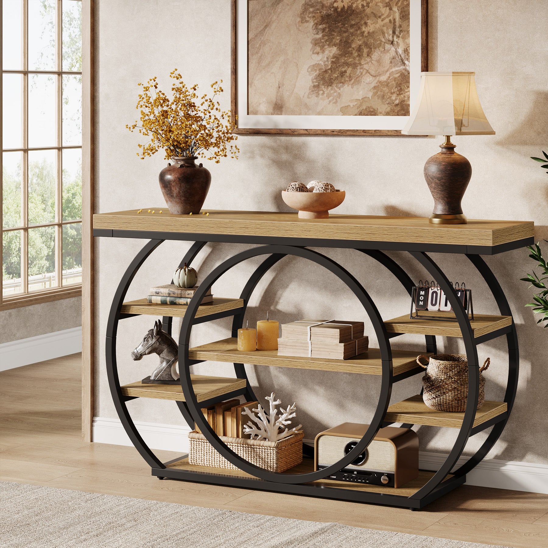 Consoletafel van 120 cm met 5 Lagen in Industrieel Design, Smalle Banktafel voor Woonkamer en Hal in Rustiek Bruin