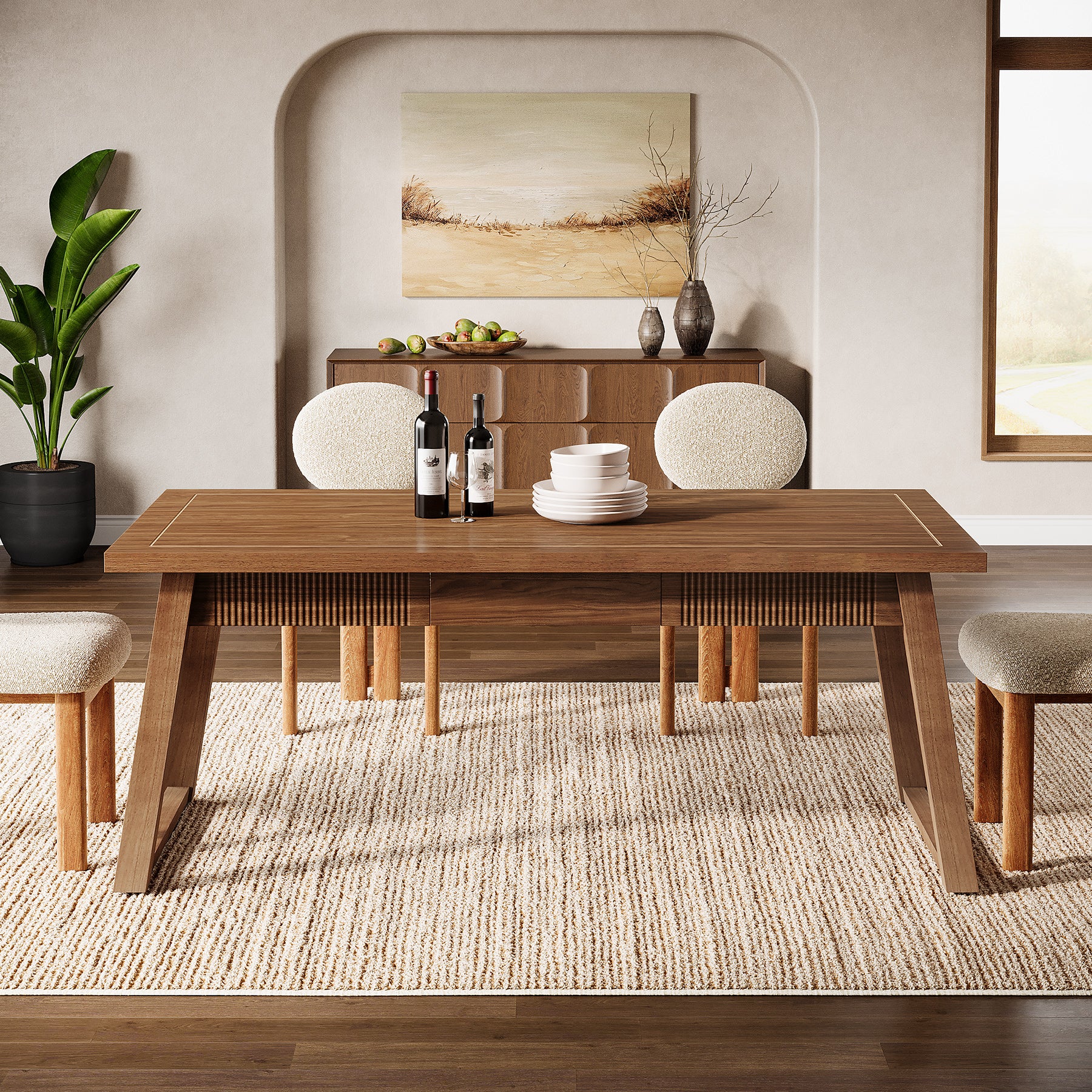 140 cm Rechthoekige Eettafel met Lade, Massief Houten Poten voor 4-6 Personen