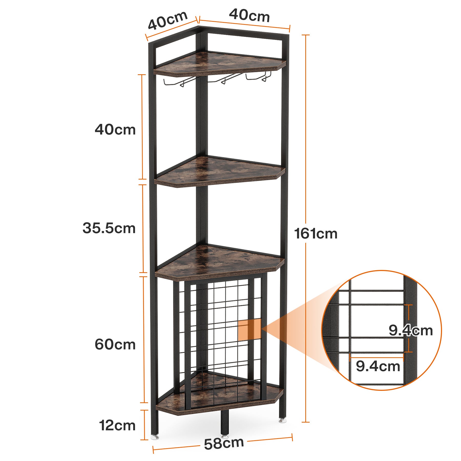 60 cm Hoekwijnrek, Industrieel Vloermeubel met Vier Planken en Glasopberging