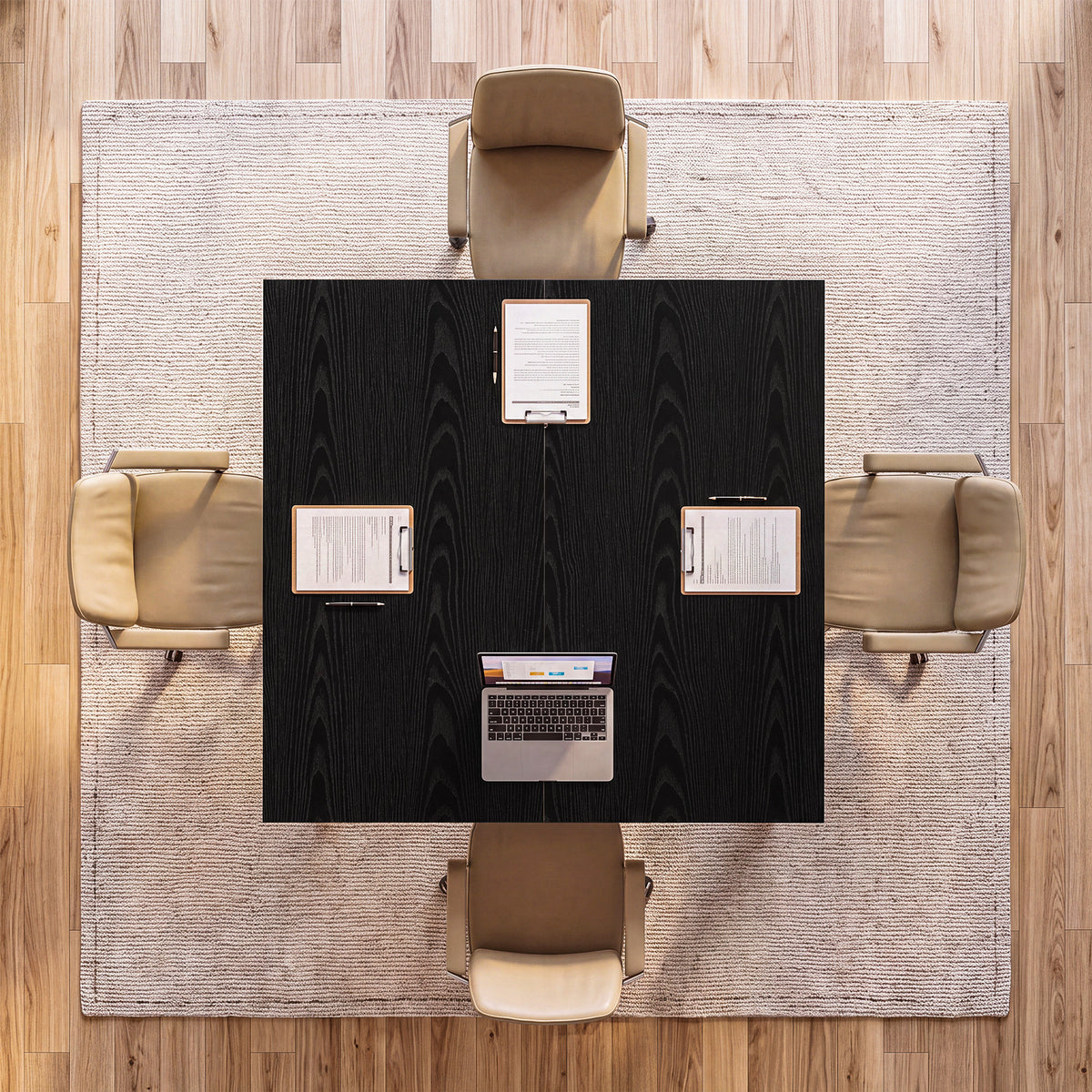 100 cm vierkante vergadertafel voor 2-4 personen met zwart design en stevige trapeziumpoten, kantoortafel voor kantoor
