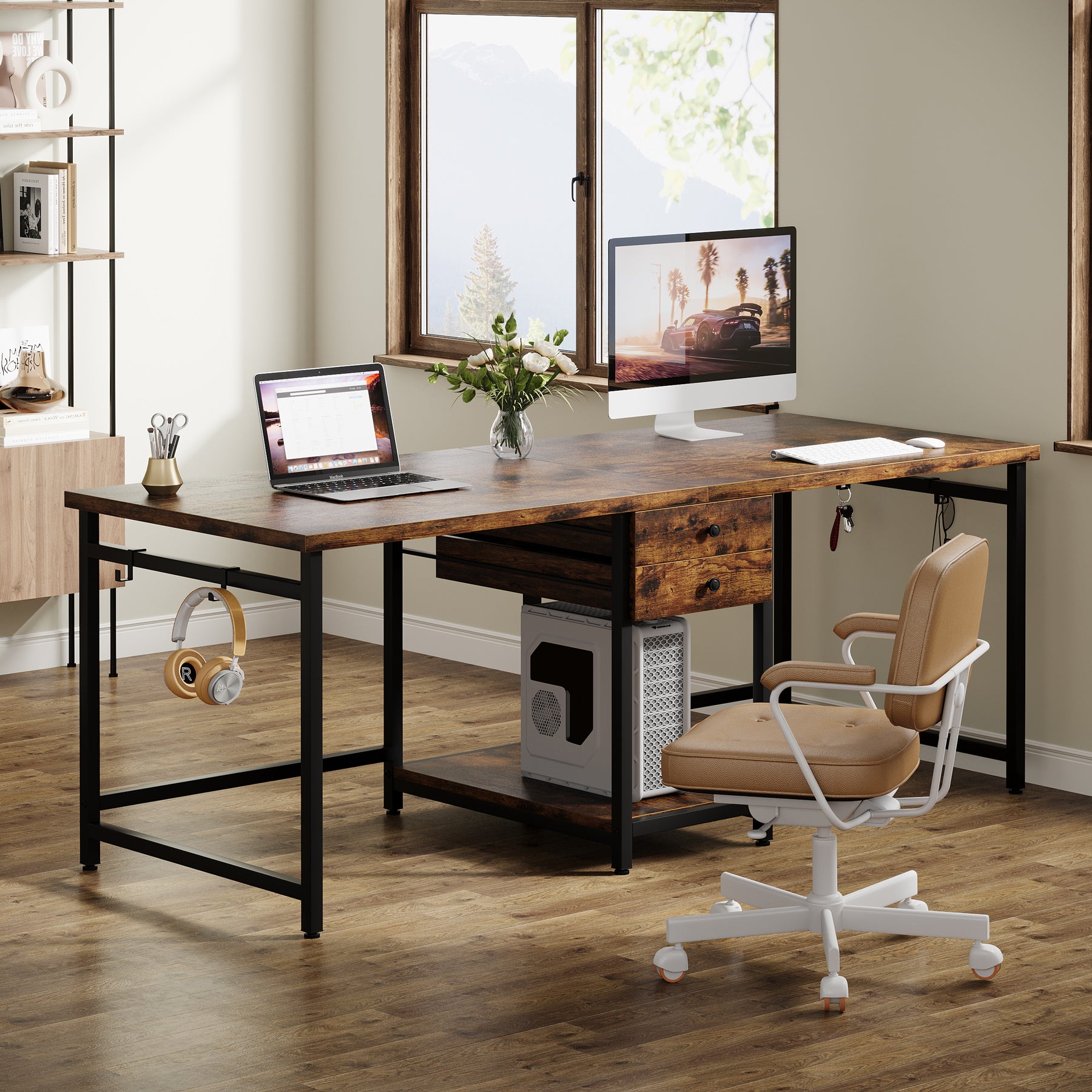 200 cm Tribesigns dubbel bureau met 2 lades en planken, industrieel werkbureau voor kantoor en studie