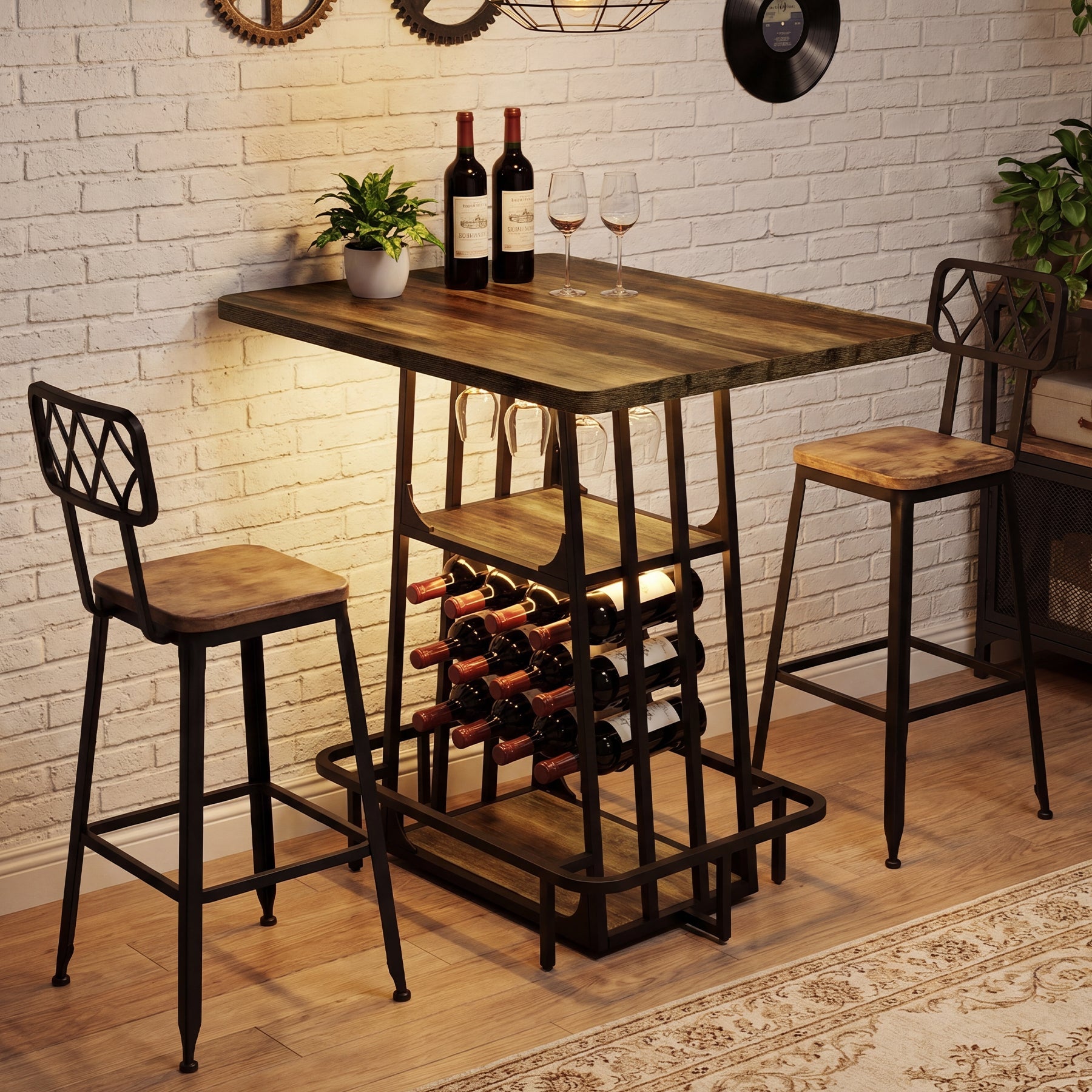 100 cm Bartafel met Opbergruimte, 3-laags Pubtafel op Bardhoekhoogte met Glashouder & Wijnrek