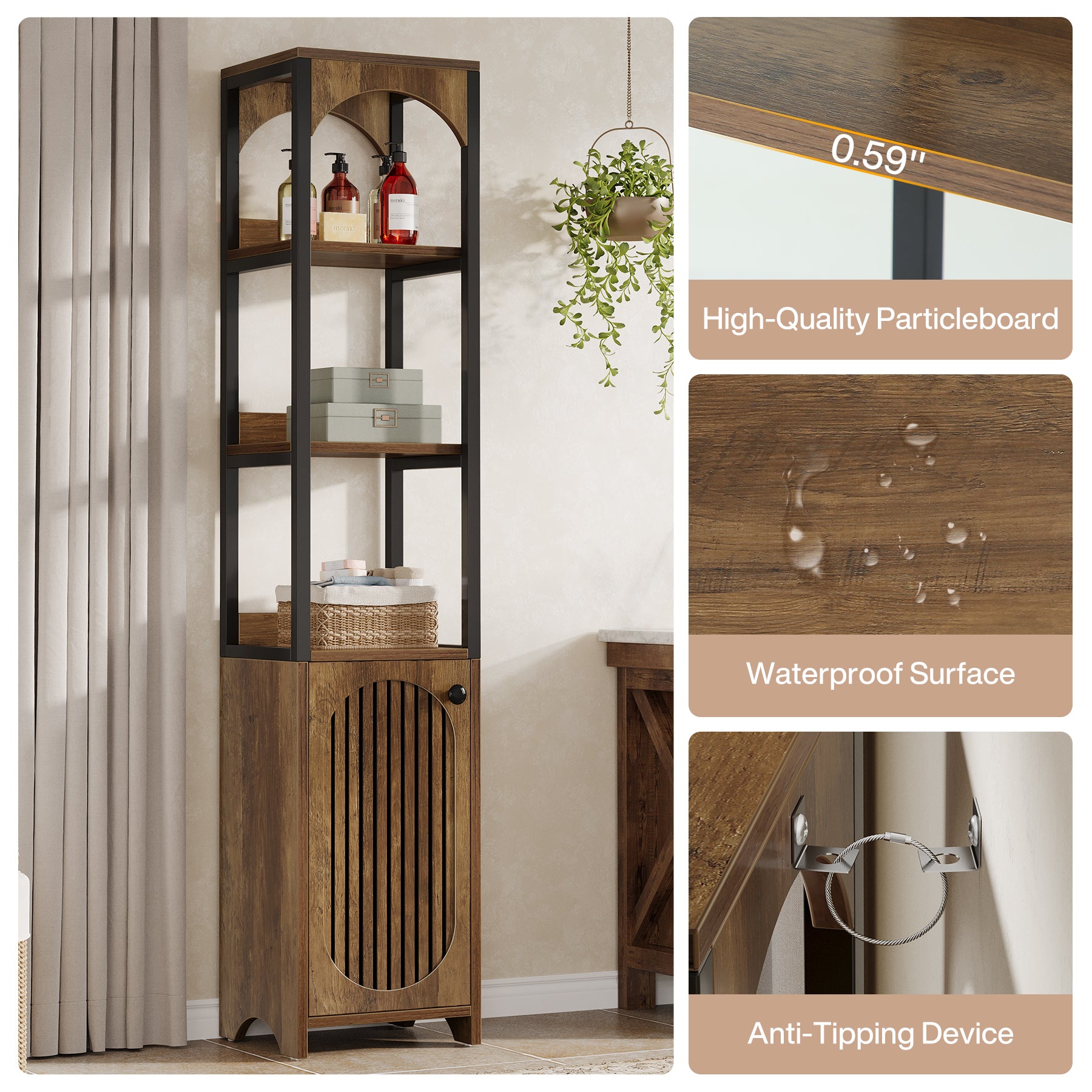 180 cm Hoge Boekenkast, Industriële Hoekkast met Lamellendeur voor Woonkamer en Kantoor