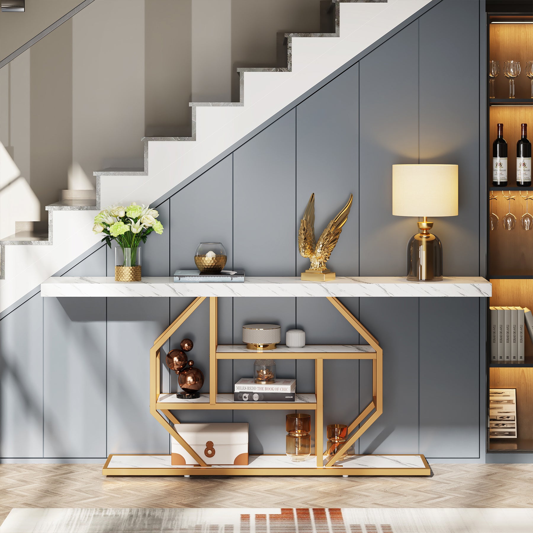 Tribesigns 180 cm Extra Lange Consoletafel, Moderne Gouden Salontafel met Opslag voor Woonkamer