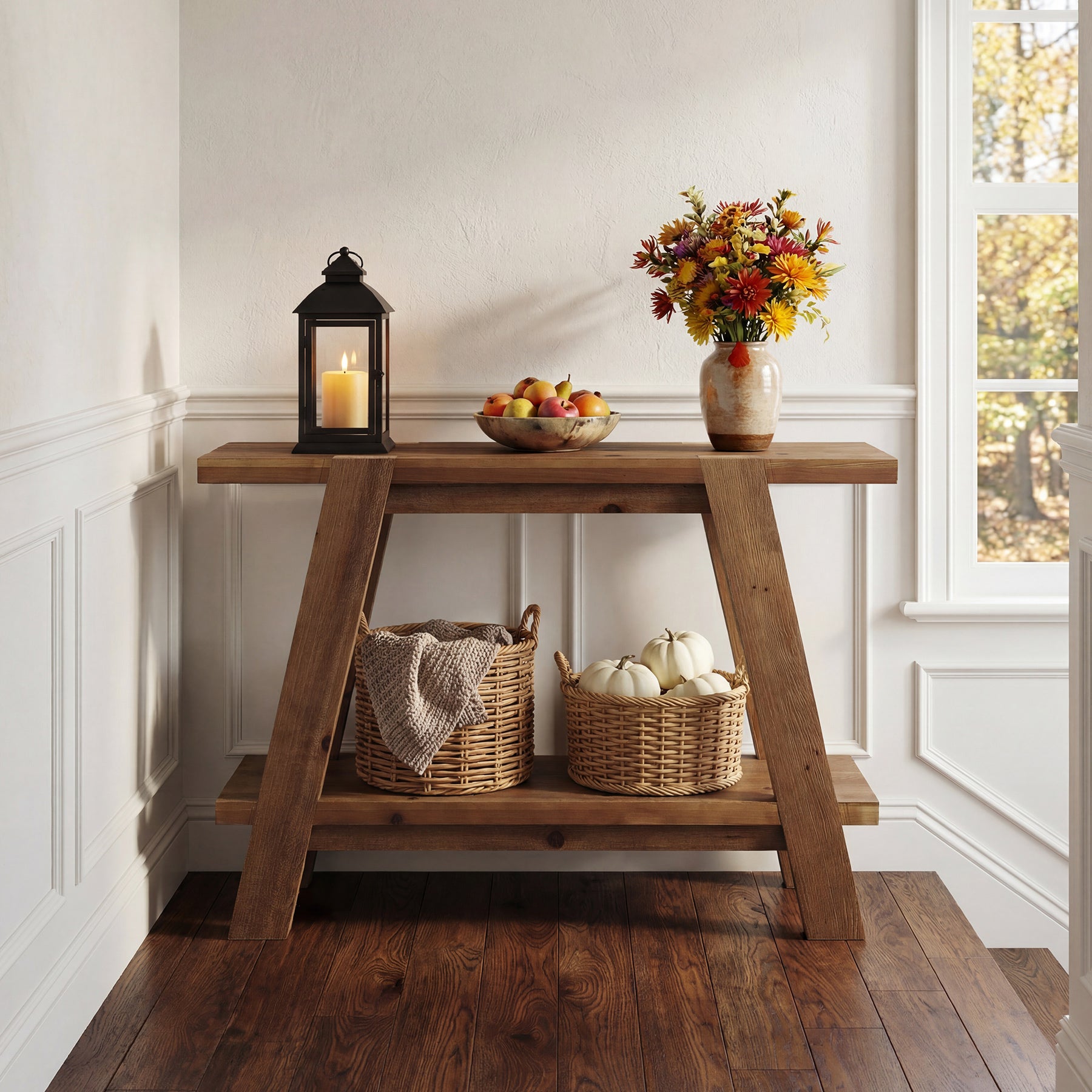 110 cm Massief Houten Consoletafel met 2 Planken, Smalle Haltafel in Landelijke Stijl Bruin