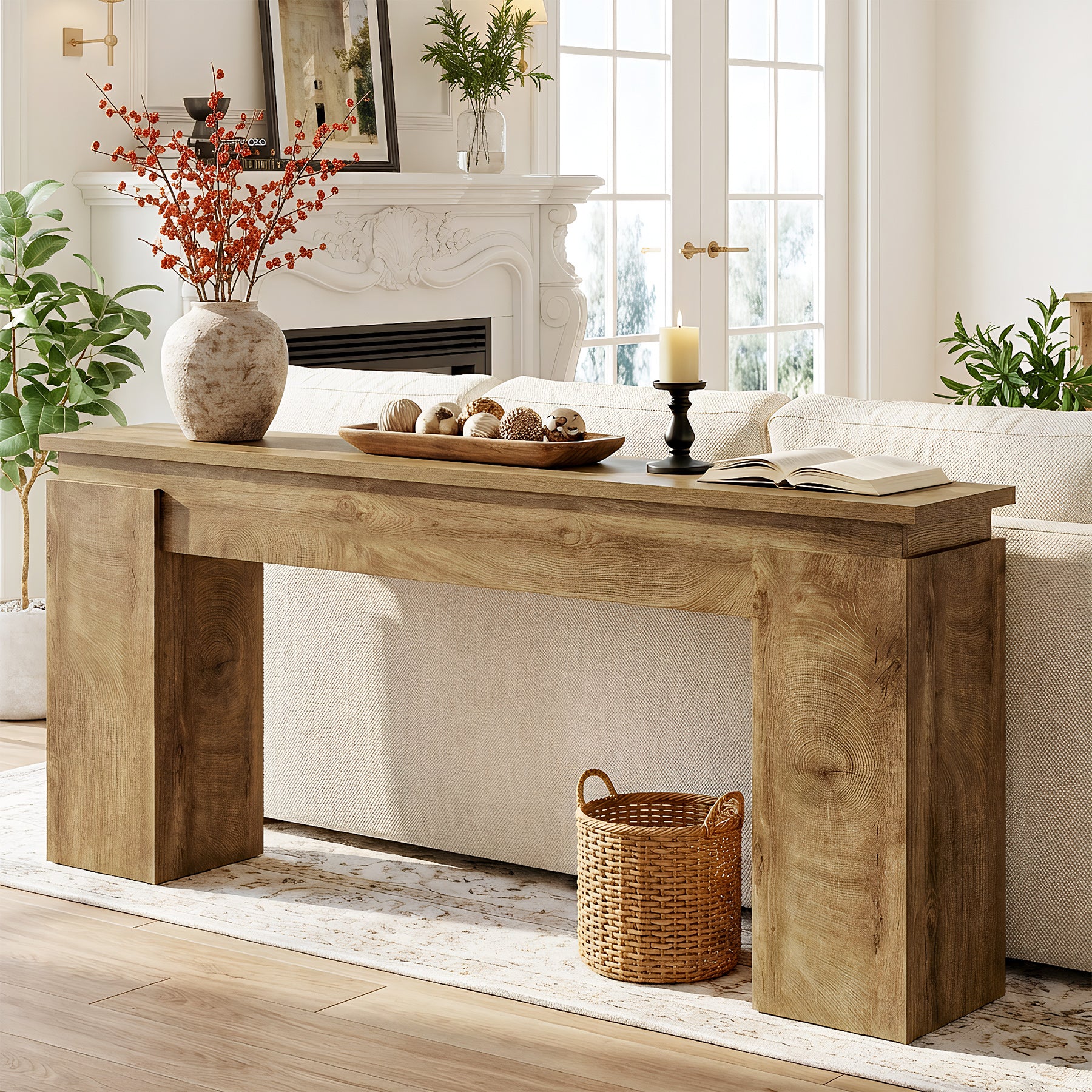 160 cm Consoletafel met Open Opbergrek, Landelijke Sofa Tafel voor Woonkamer en Entree