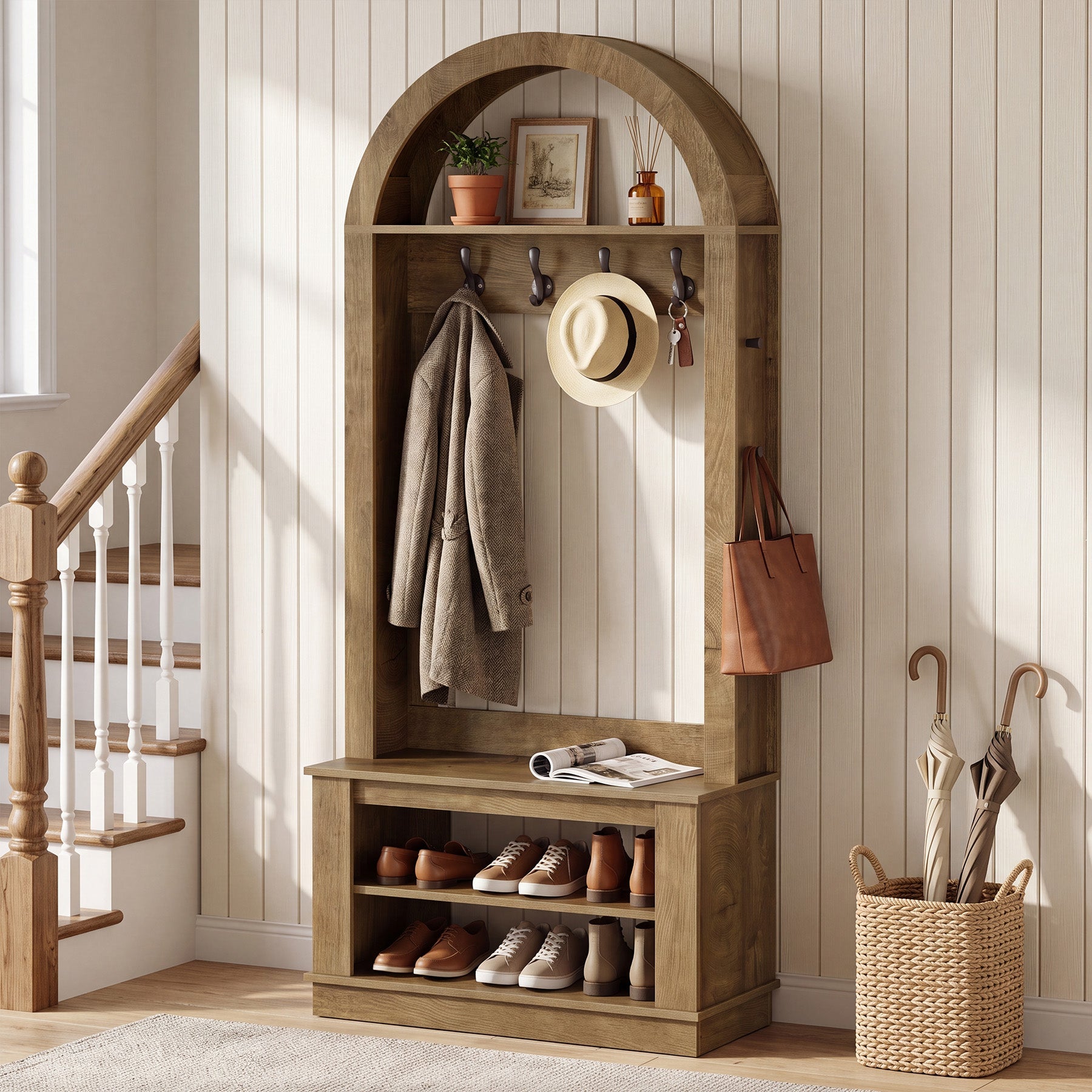 Tribesigns halgarderobe met zitbank en schoenenrek, 5-in-1 kapstok met 12 haken, wandplank en schoenenrek