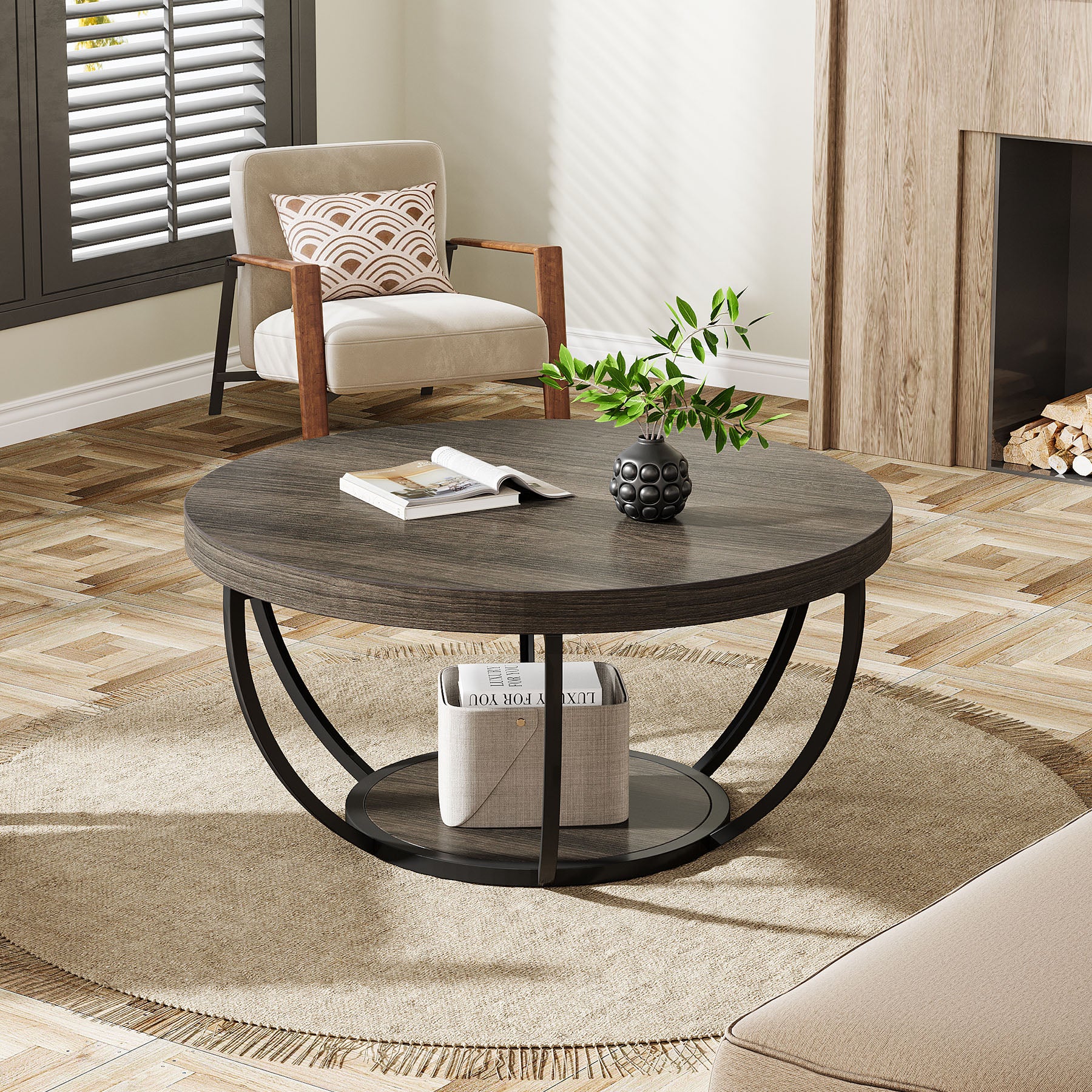 80,5 cm Ronde Industriële Salontafel, Tweelaags Middentafel in Rustiek Bruin en Zwart