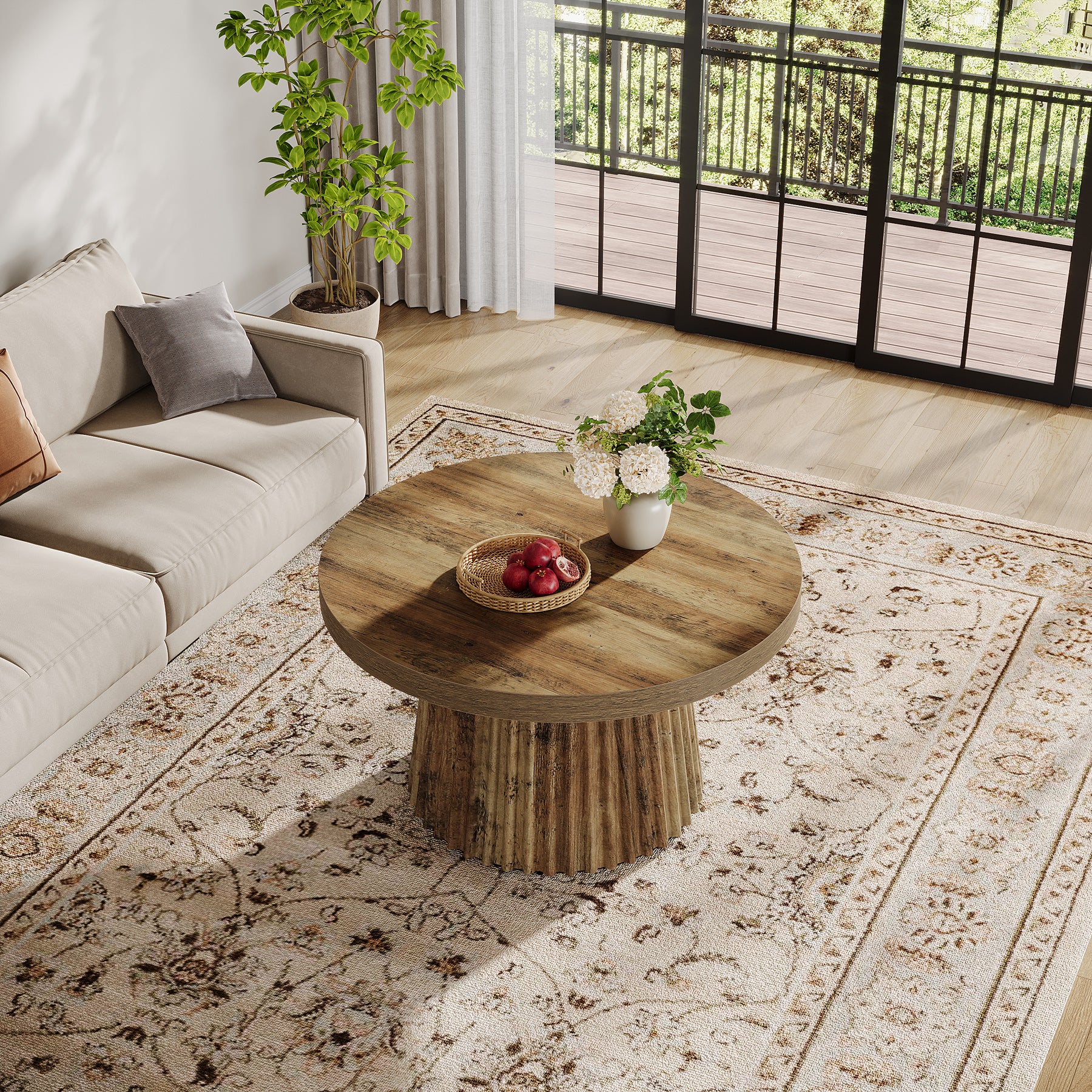 80 cm Ronde Landelijke Salontafel met Gegroefde Trommelvoet, Mid-Century Accent Tafel