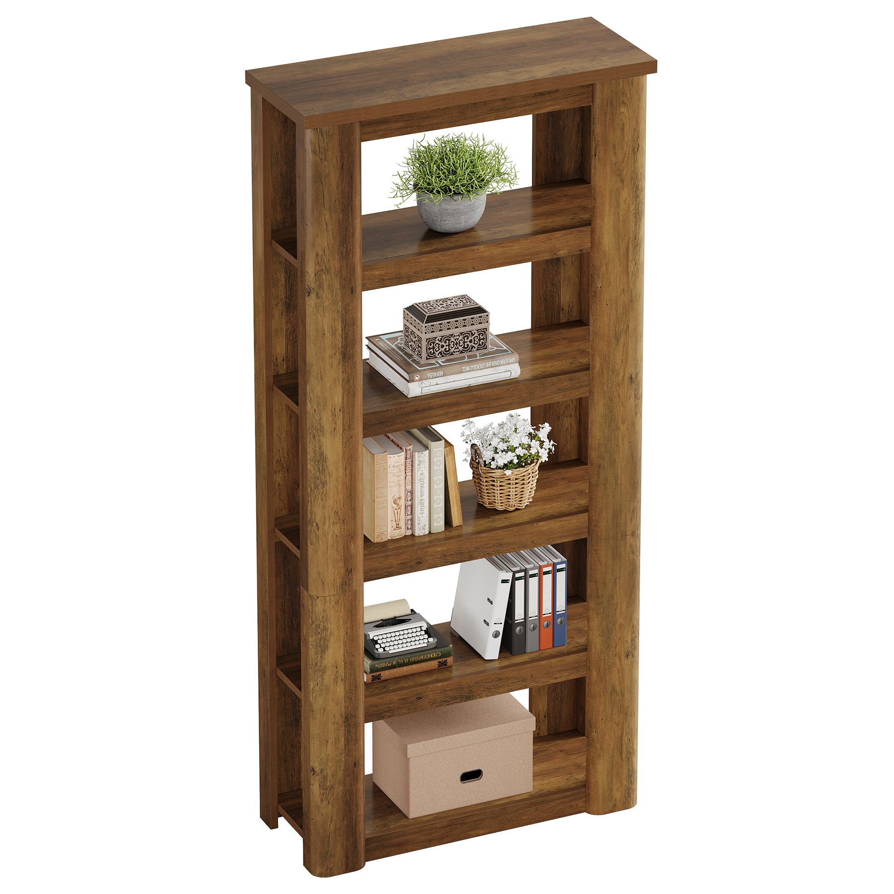 Boekenkast van 180 cm met 6 Lagen, Vrijstaande Open Opbergrekken in Rustiek Bruin