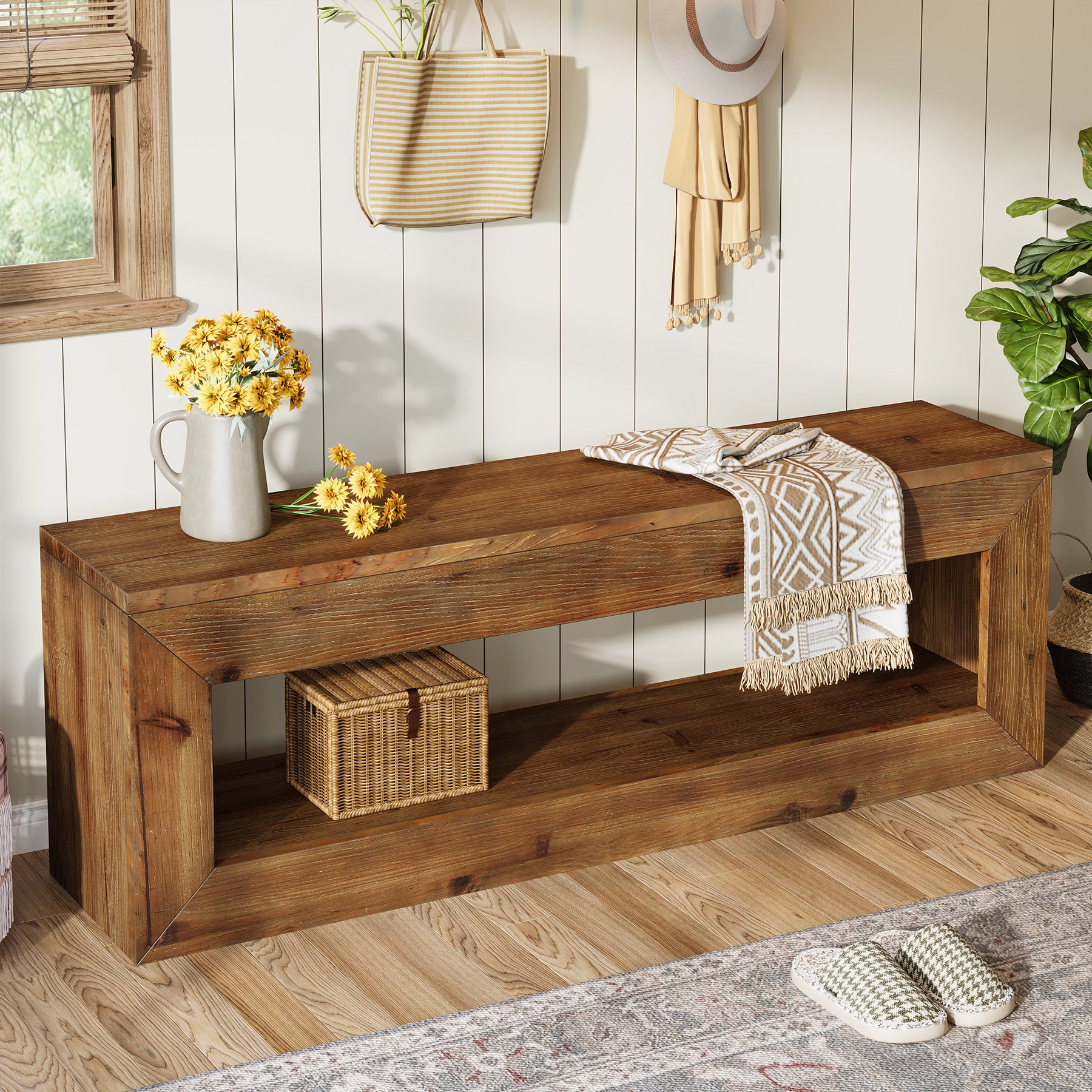 120 cm massief houten halbank met opbergplank, landelijke zitbank voor entree en hal