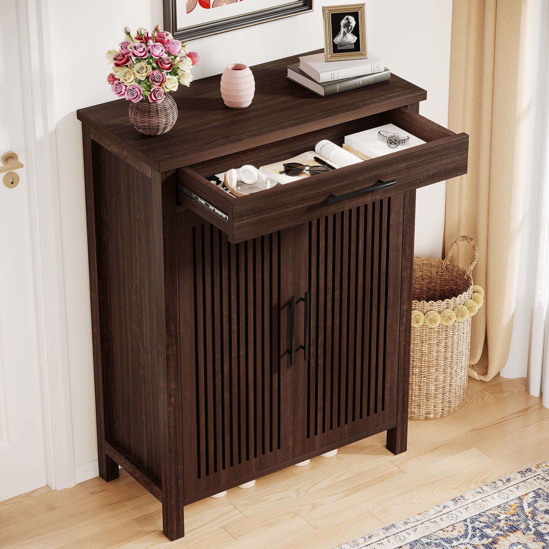 Smal Schoenenmeubel 80 cm, Verstelbare Kast Met 5 Planken En Lamellendeuren