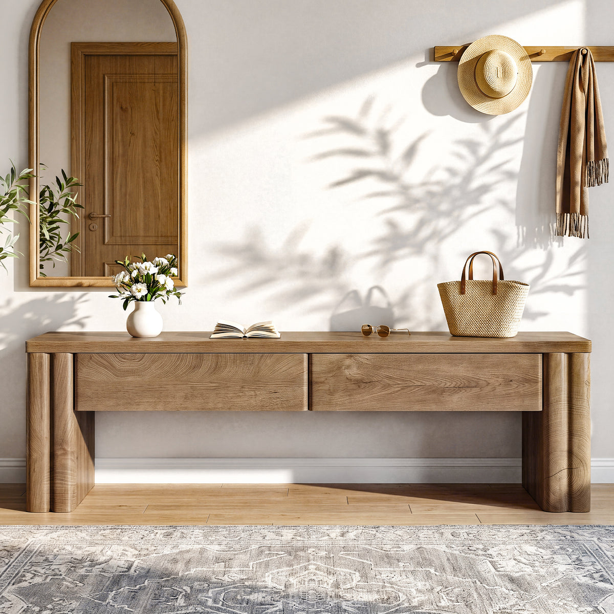 140 cm Tribesigns halbank met 2 verborgen opberglades, moderne zitbank in warme eikenlook voor hal en slaapkamer