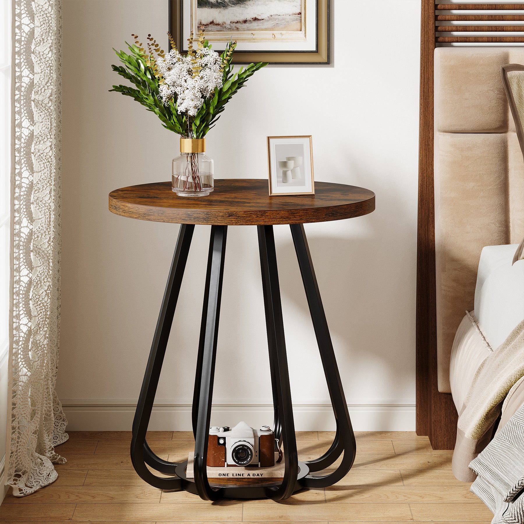 Kleine Ronde Bijzettafel, 2-Traps Salontafel met Metaal en Houten Plank voor Kleine Ruimtes