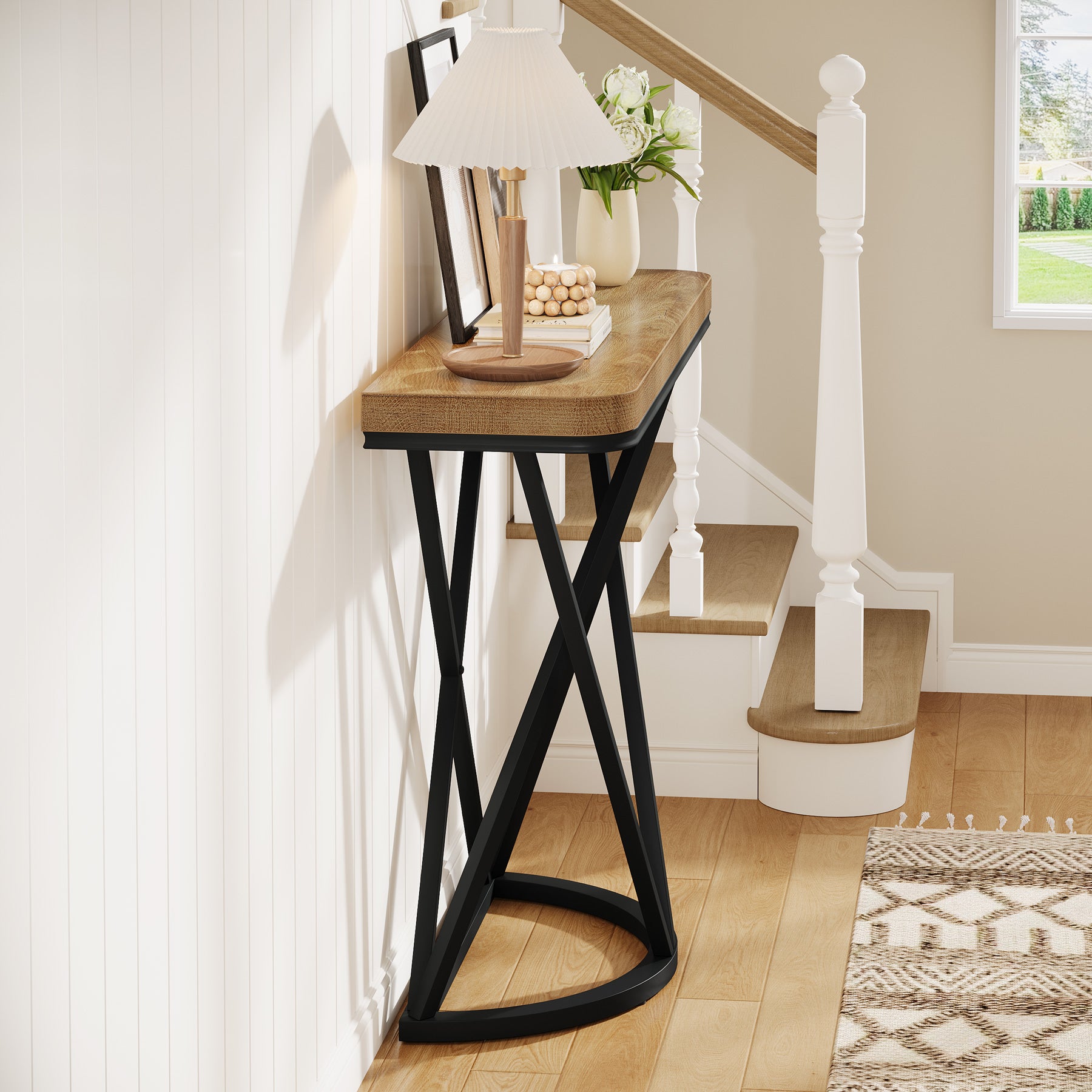 105 cm Industriële Console Tafel, Smalle Entreetafel met Geometrisch Metaal Onderstel