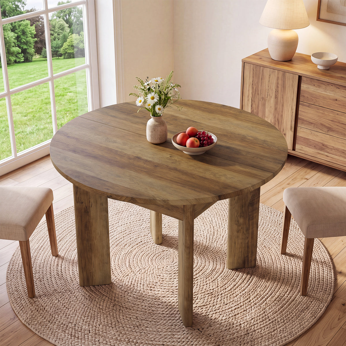 100 cm ronde eettafel voor 4 personen met dikke gebogen poten, compacte keukentafel in landelijke stijl voor eetkamer