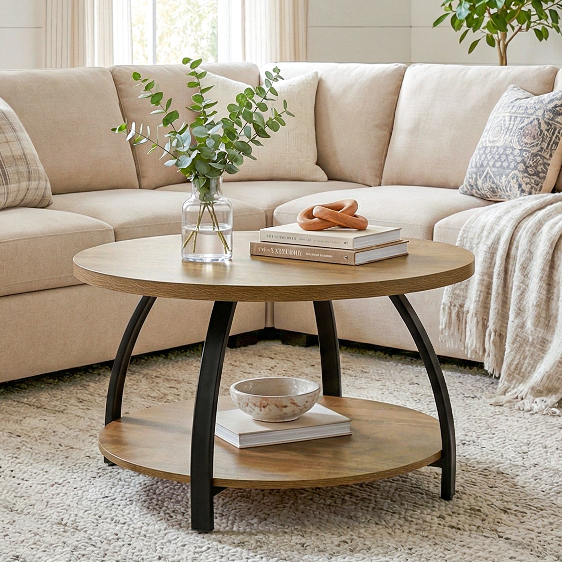 Tribesigns Ronde Salontafel van 80 cm met 2 Niveaus Opbergruimte, Centrale Woonkamertafel