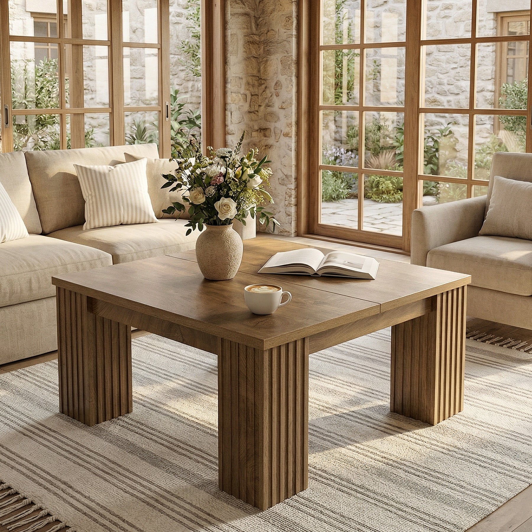100 cm Vierkante Salontafel met Gefreesde Poten, Landelijke Houten Tafel voor Woonkamer