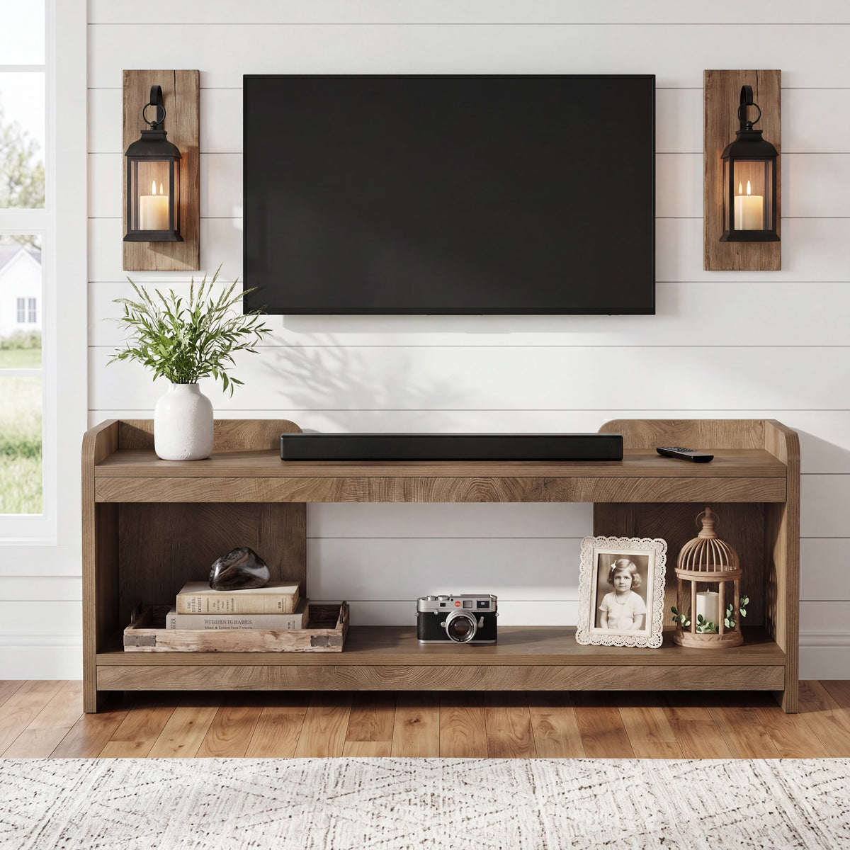 160 cm tv-meubel met 2-laags opbergrek voor 70 inch tv, open tv-kast met kabelbeheer voor woonkamer