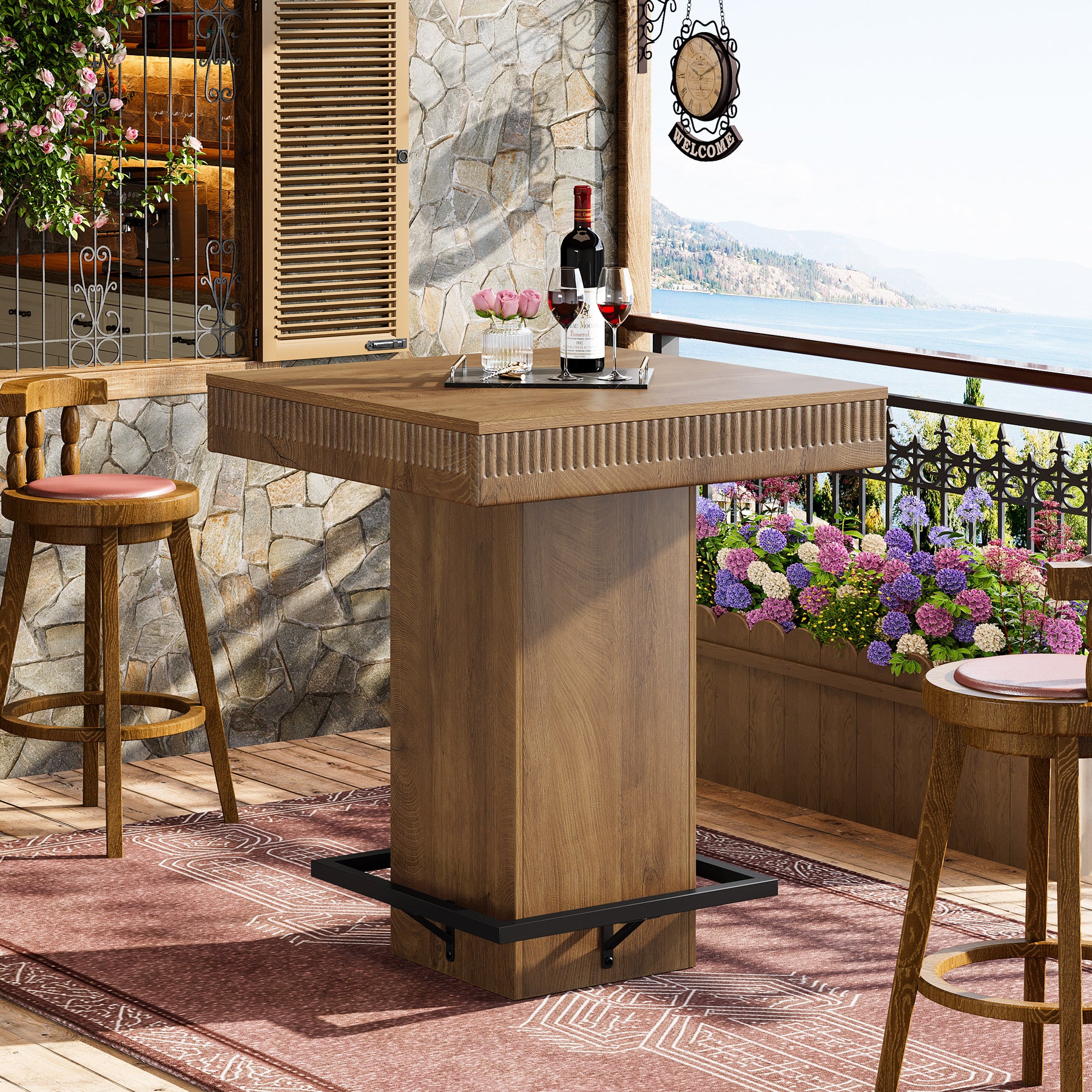 80 cm Vierkante Bartafel, Industriële Bistro Pubtafel met Metalen Voetensteun
