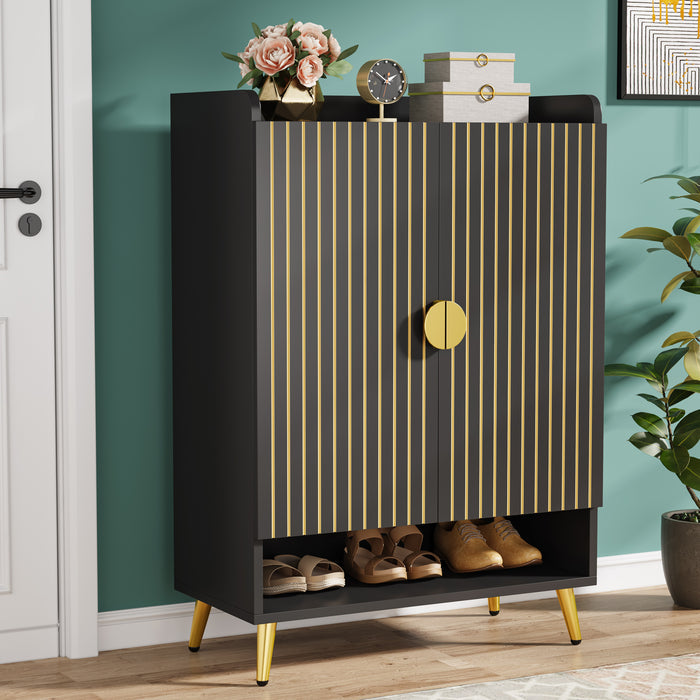 110 cm Schoenenkast, Witte Opbergmeubel met Zeven Planken en Gouden Frame