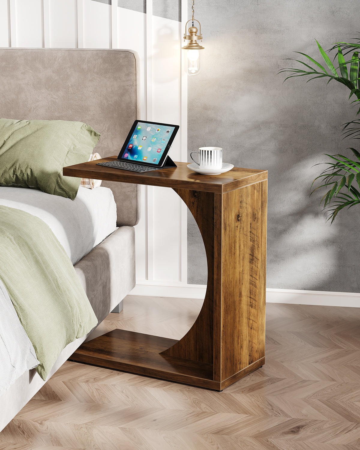 C-vormige Bijzettafel van Hout, Smalle Rustieke Tafel met Dienblad voor Woonkamer