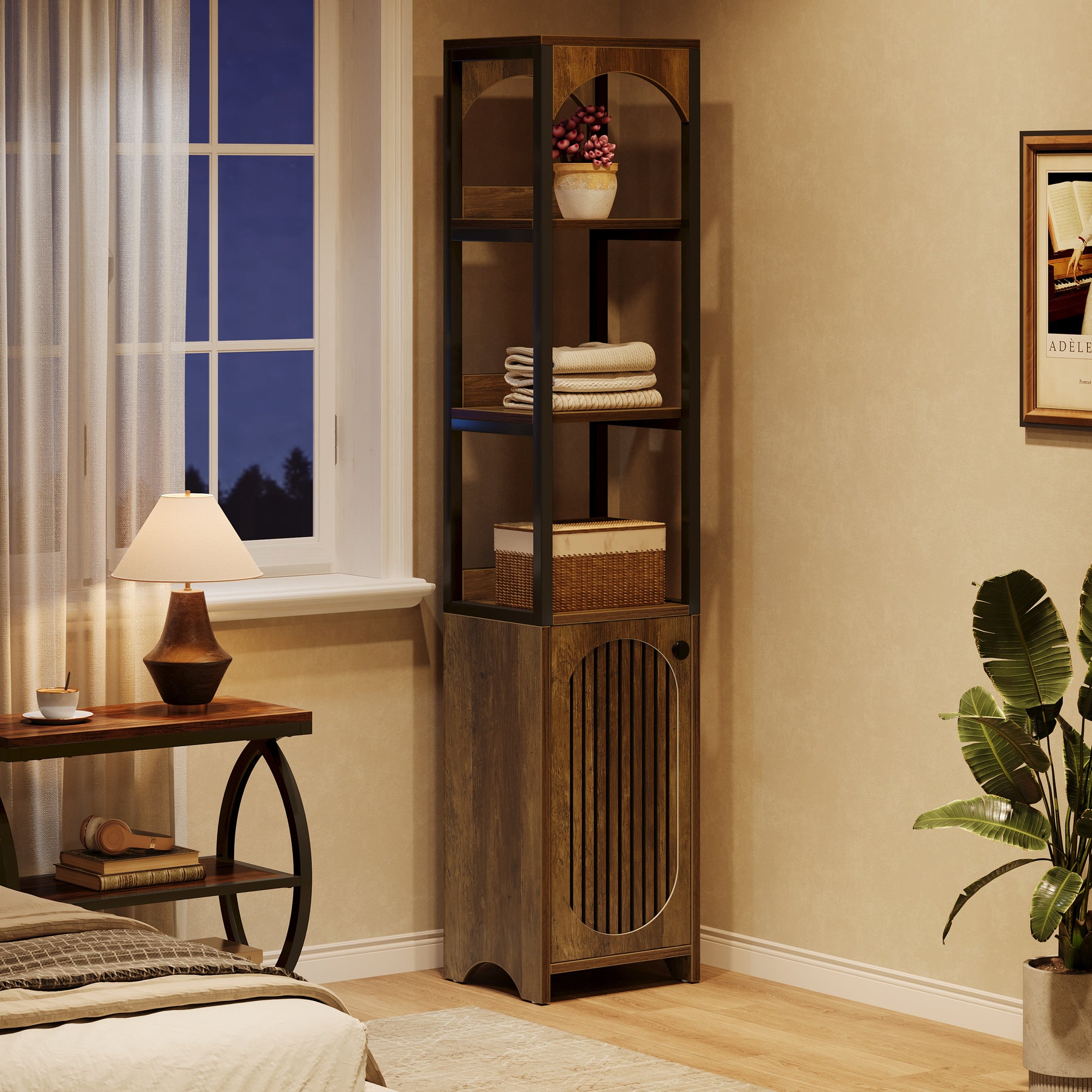 180 cm Hoge Boekenkast, Industriële Hoekkast met Lamellendeur voor Woonkamer en Kantoor