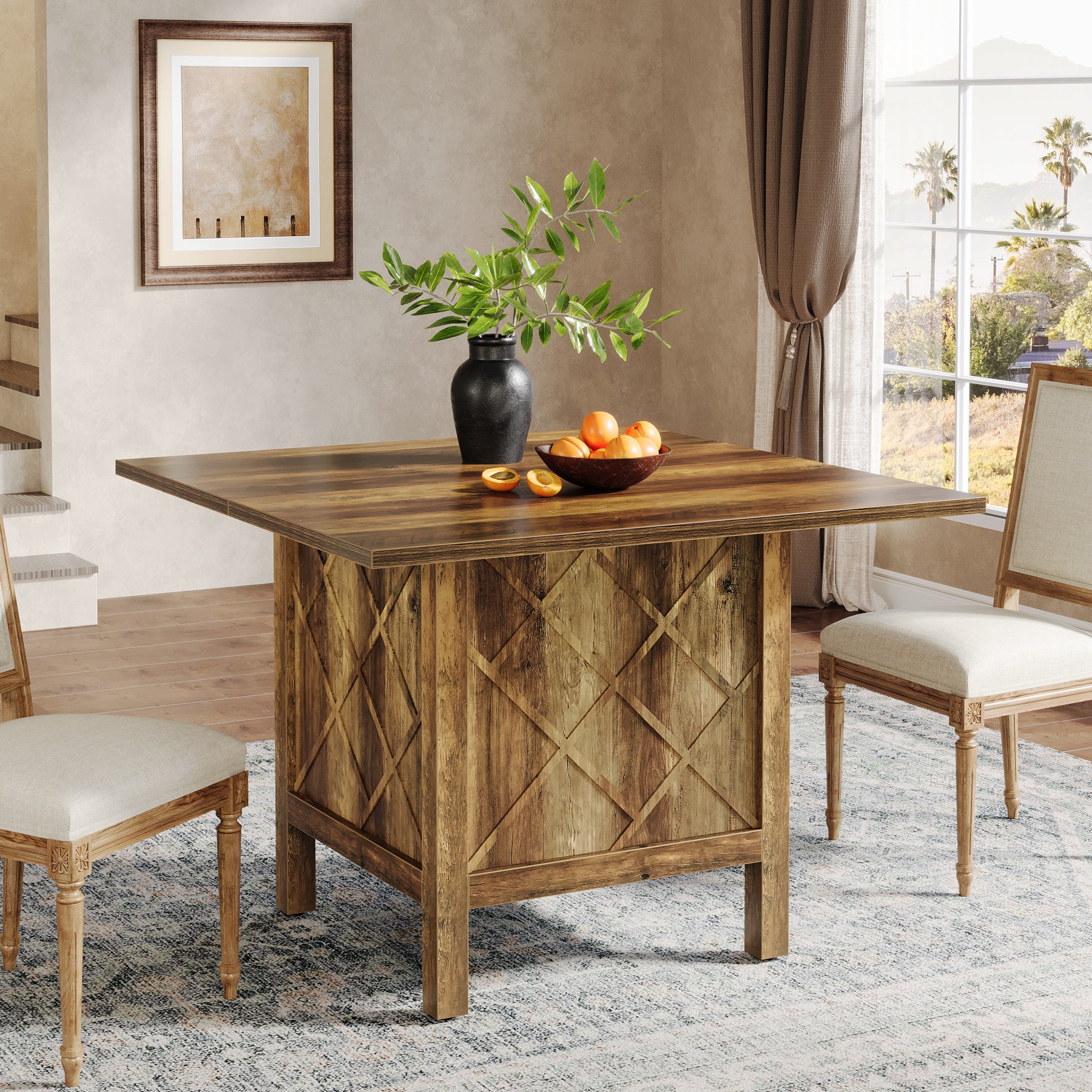 100 cm Landelijke Eettafel, Vierkante Houten Tafel met Stevig Frame voor Eetkamer