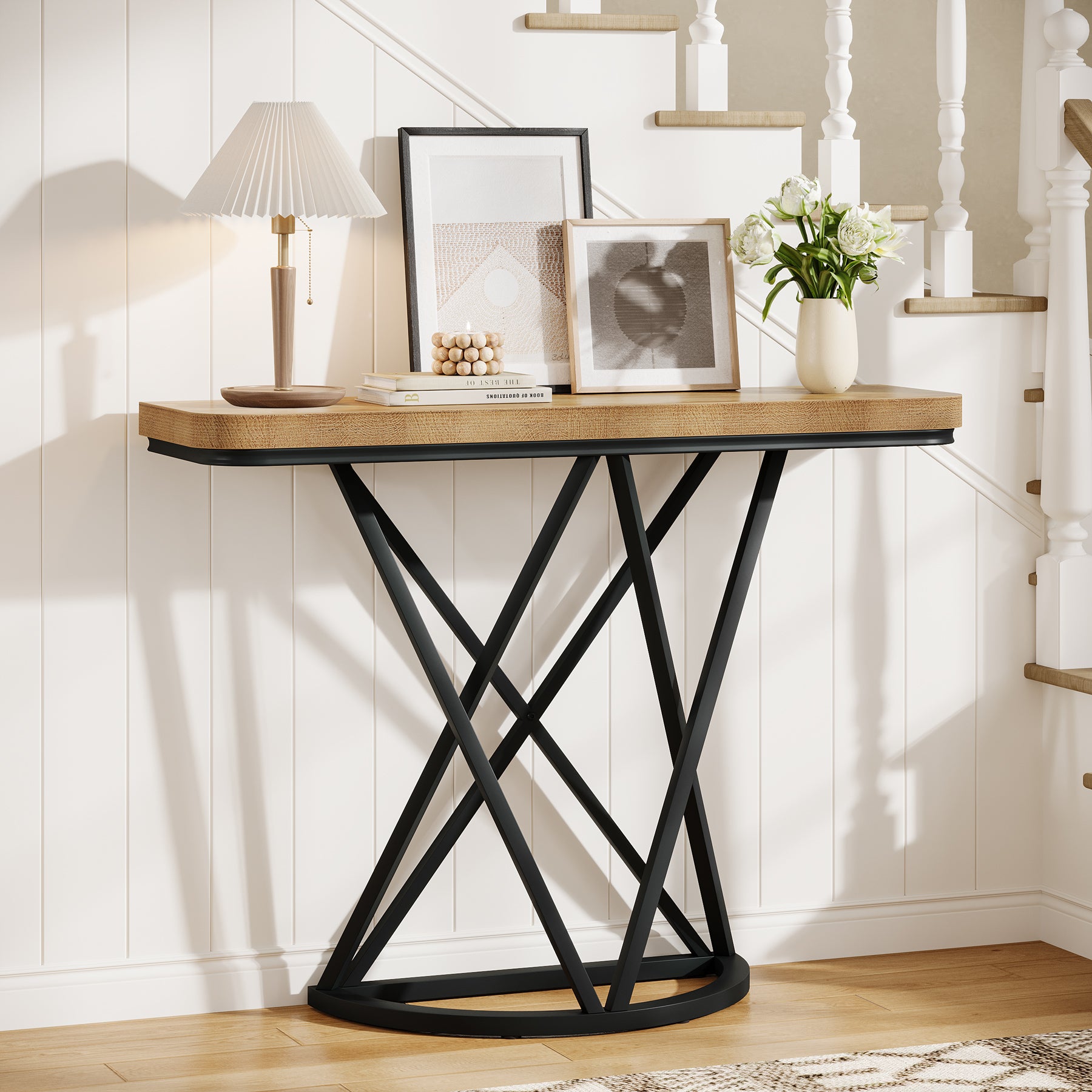 105 cm Industriële Console Tafel, Smalle Entreetafel met Geometrisch Metaal Onderstel