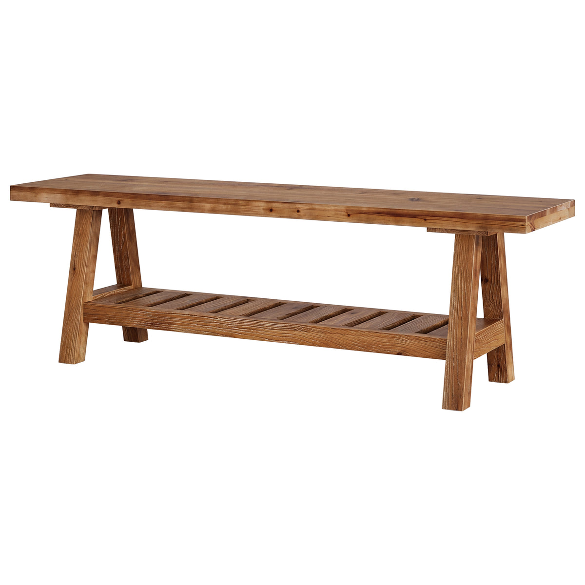 140 cm houten eetbank met open opbergrek en massief hout design, landelijke zitbank voor eetkamer en keuken