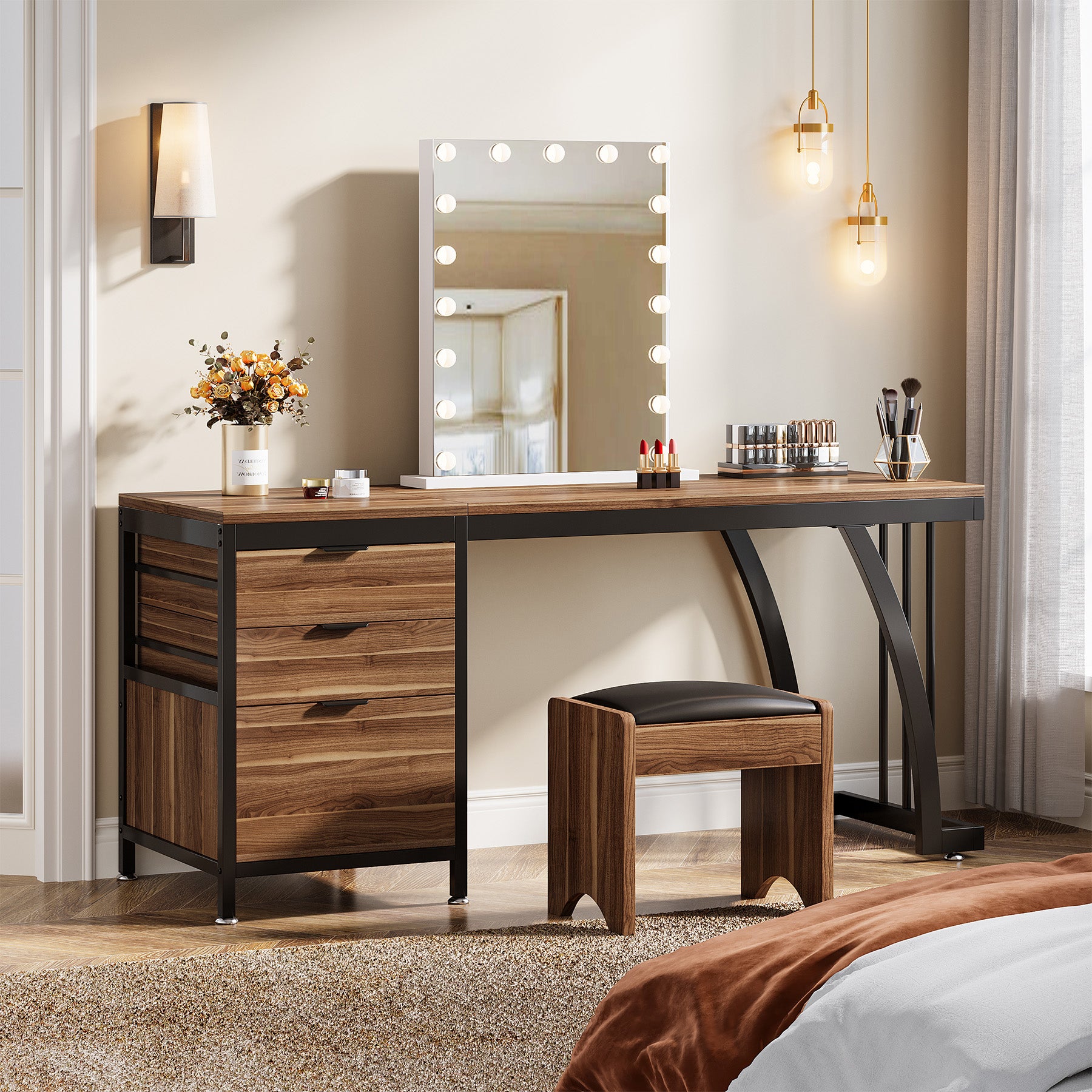 150 cm Met 3 Laden, Make-up Bureau Met Ombouwbare Opbergruimte