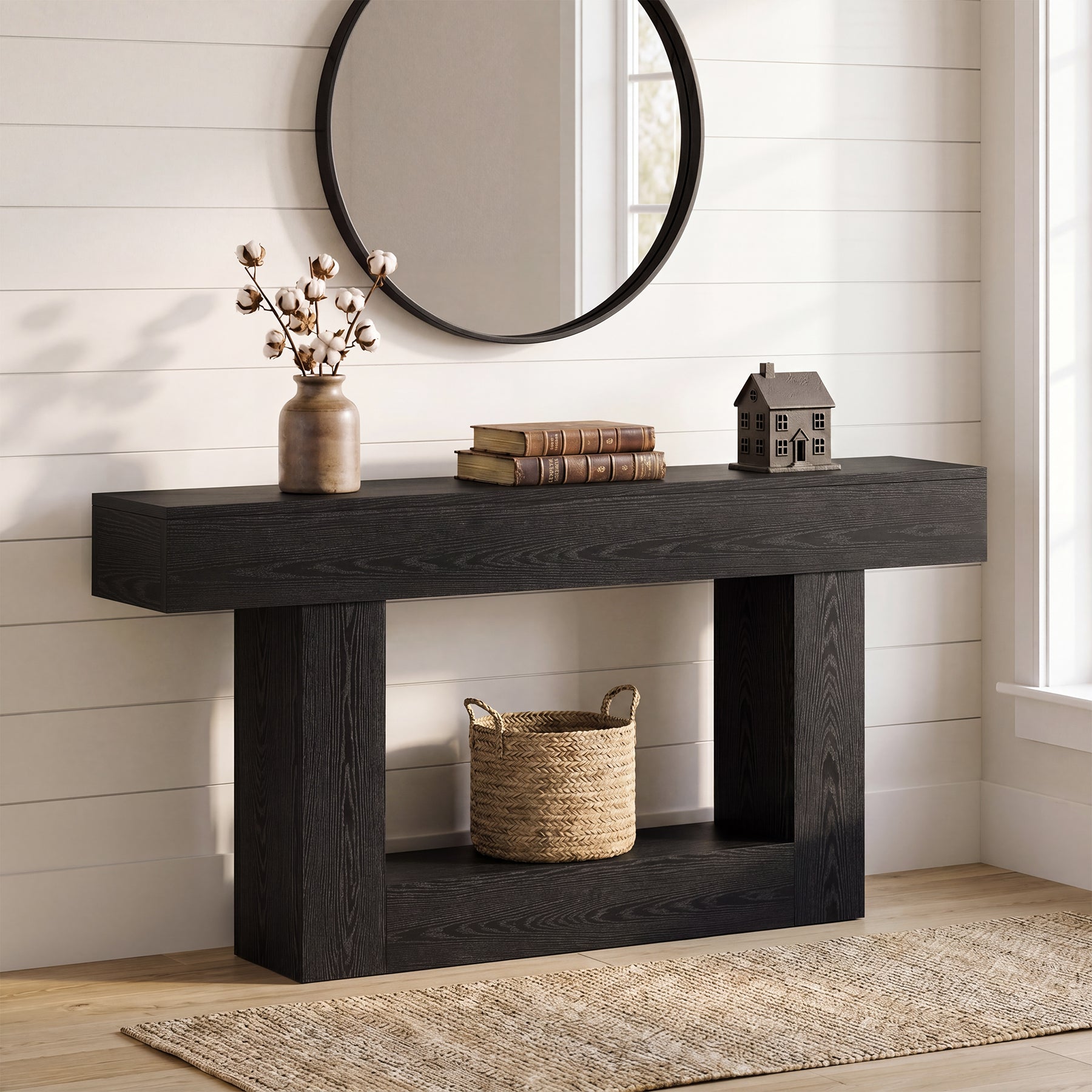 160 cm Boerenstijl Consoletafel, Tweelaagse Entreetafel met Opbergruimte in Rustiek Bruin