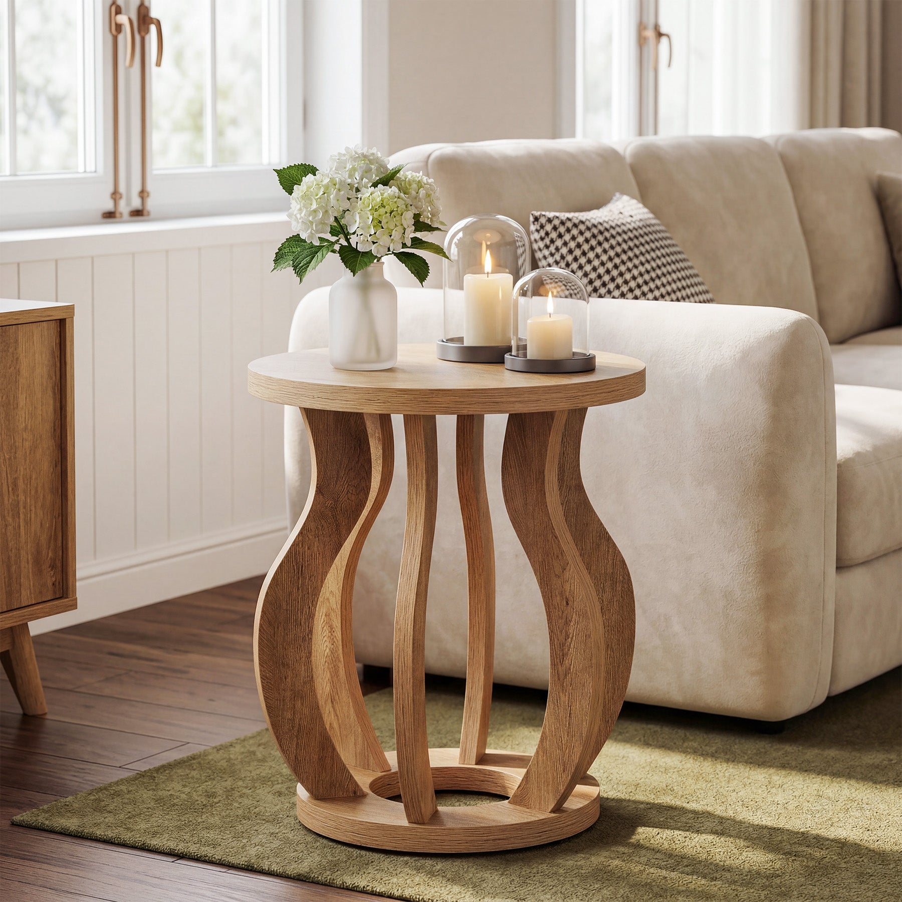 61 cm Ronde Houten Bijzettafel, Farmhouse Nachtkastje met Gebogen Frame