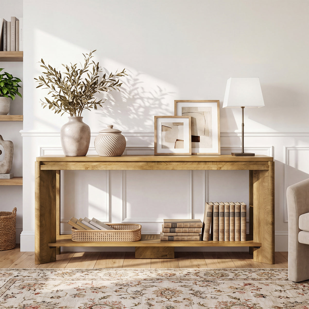 Tribesigns 160 cm lage houten consolentafel met 2-laags opbergruimte, landelijke haltafel voor hal en woonkamer