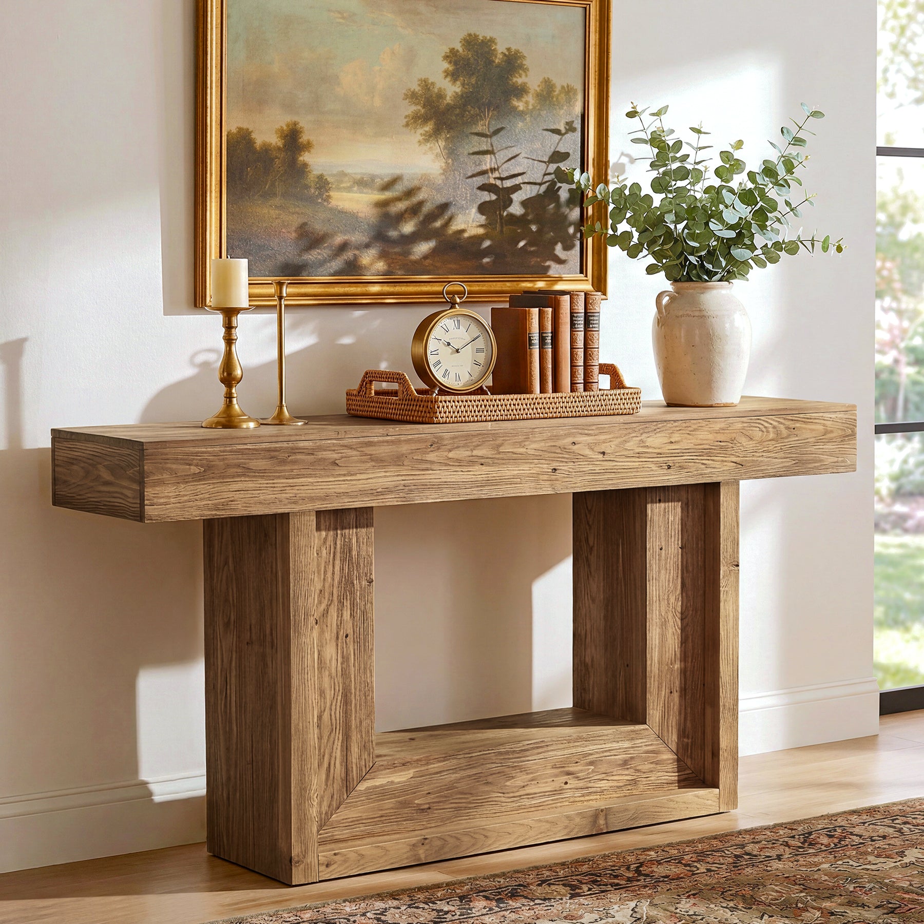 160 cm Houten Consoletafel met Open Opbergrek, Landelijke Smalle Haltafel vooar Woonkamer Entree Hal