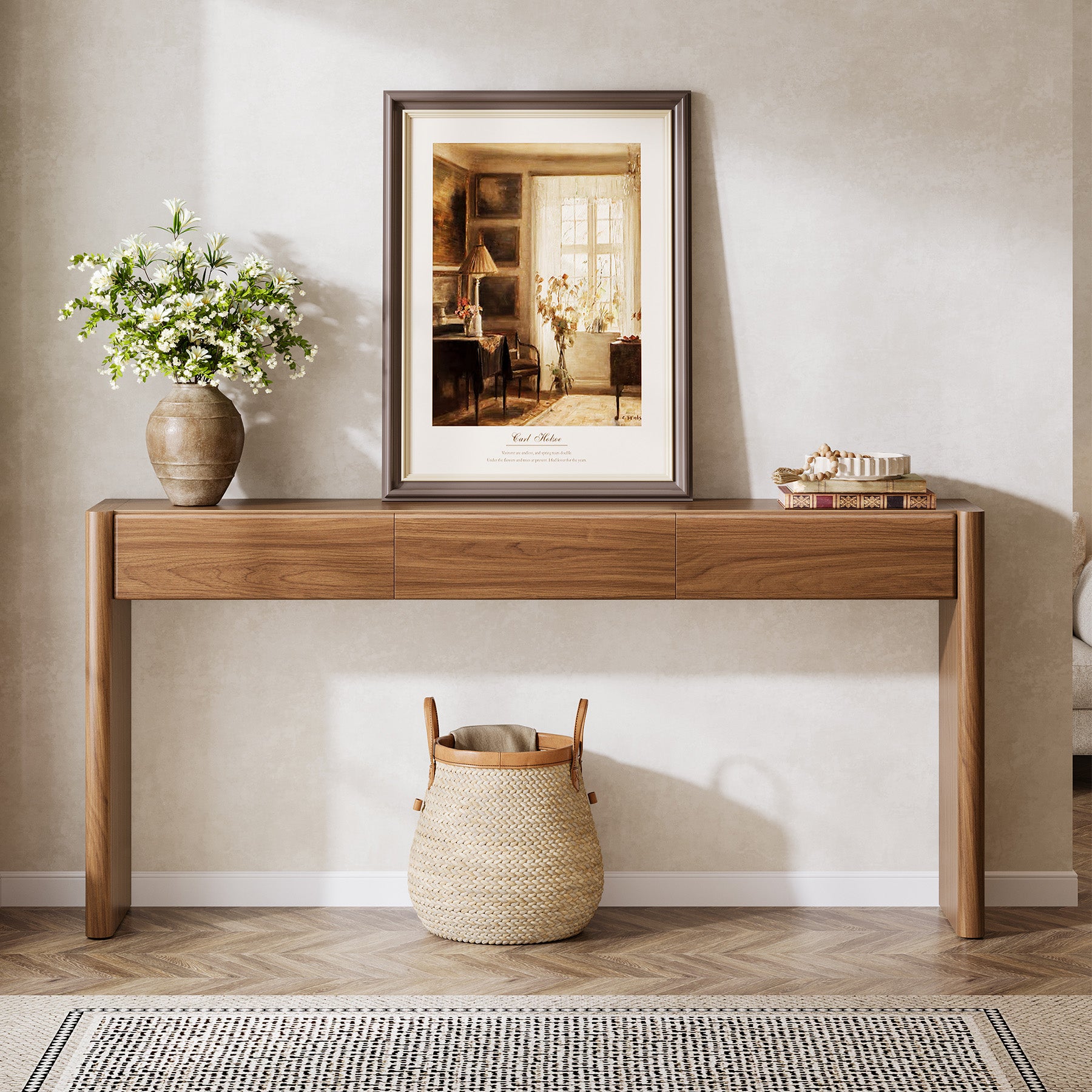 180 cm Landelijke Consoletafel met 3 Laden, Houten Haltafel met Opbergruimte