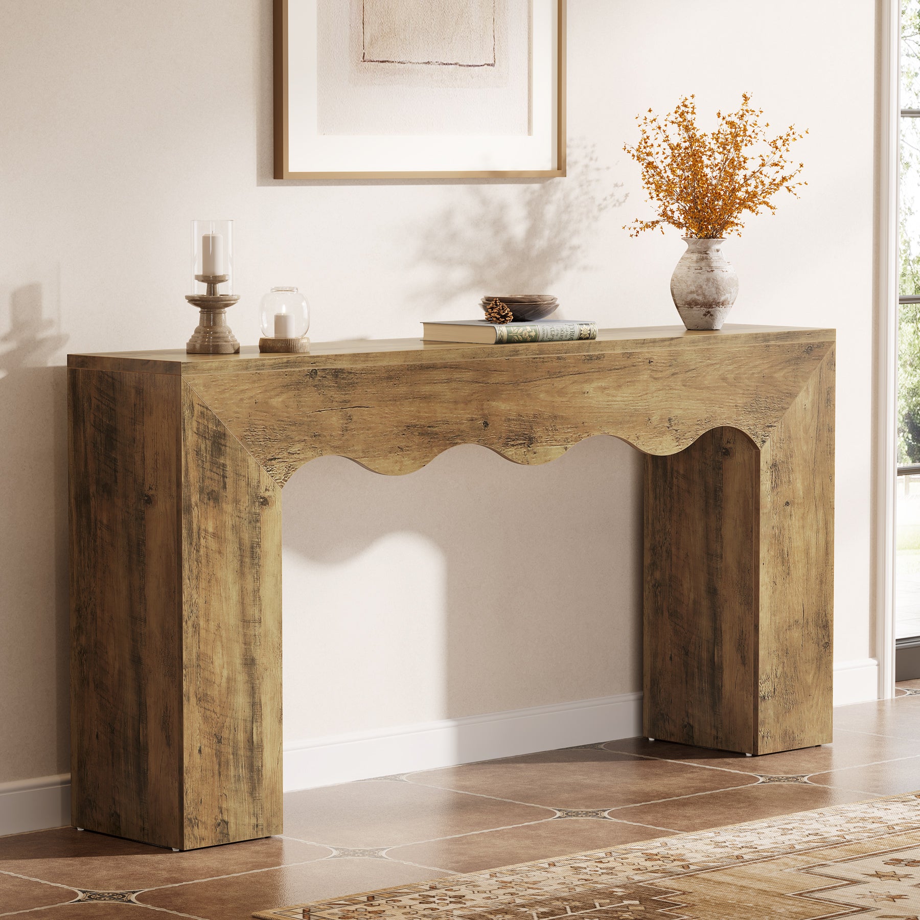 160 cm Consoletafel met Golvende Rand, Landelijke Smalle Haltafel met Opbergruimte voor Woonkamer Entree