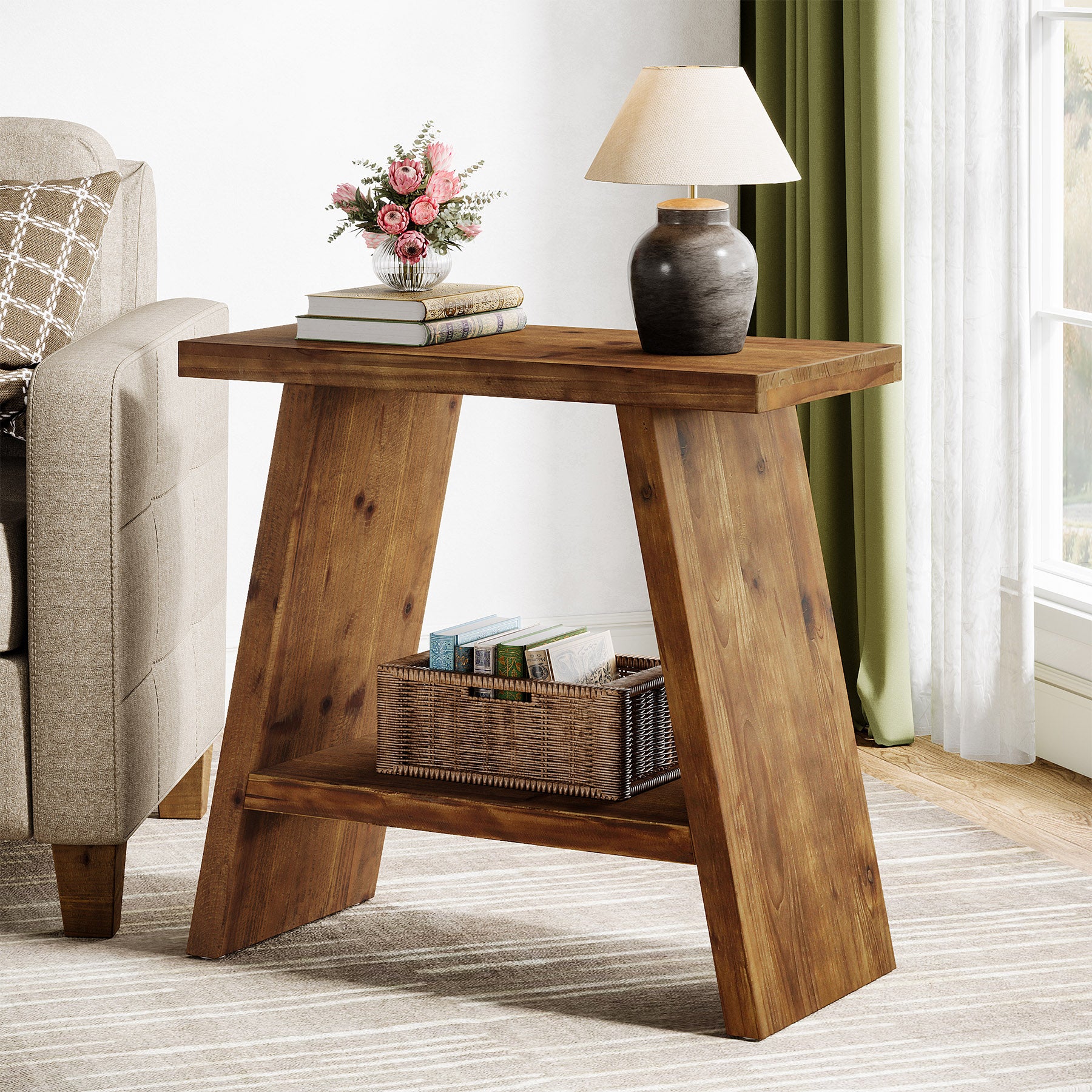 60 x 30 cm Tribesigns smalle bijzettafel van massief hout met 2-laagse opbergruimte