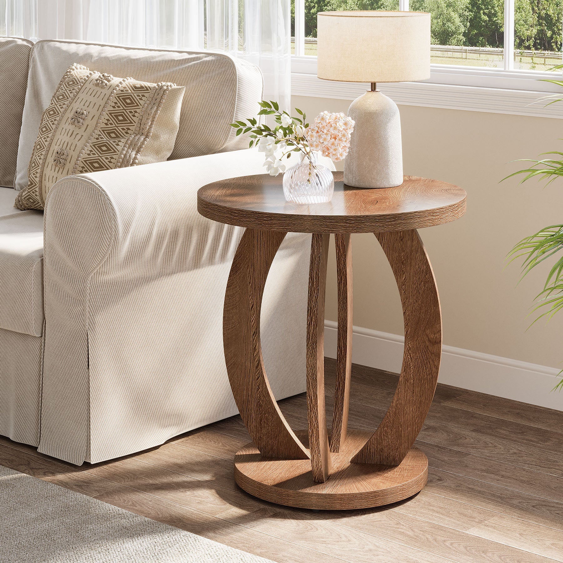 60 cm Compacte ronde bijzettafel met opbergruimte, landelijk tafeltje voor kleine ruimtes