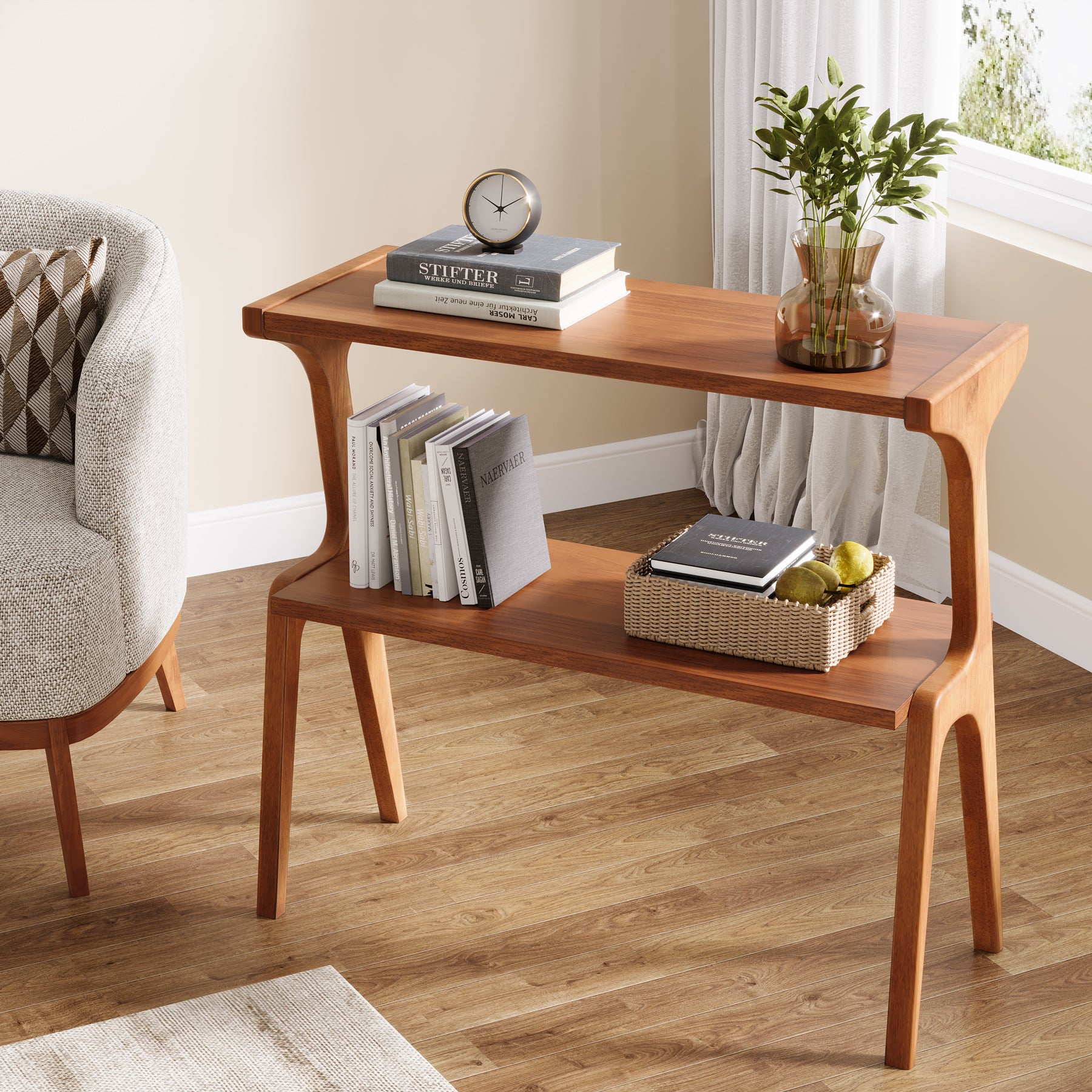 70 cm Tribesigns Bijzettafel van Massief Hout, Smalle 2-Laagse Tafel met Legplanken