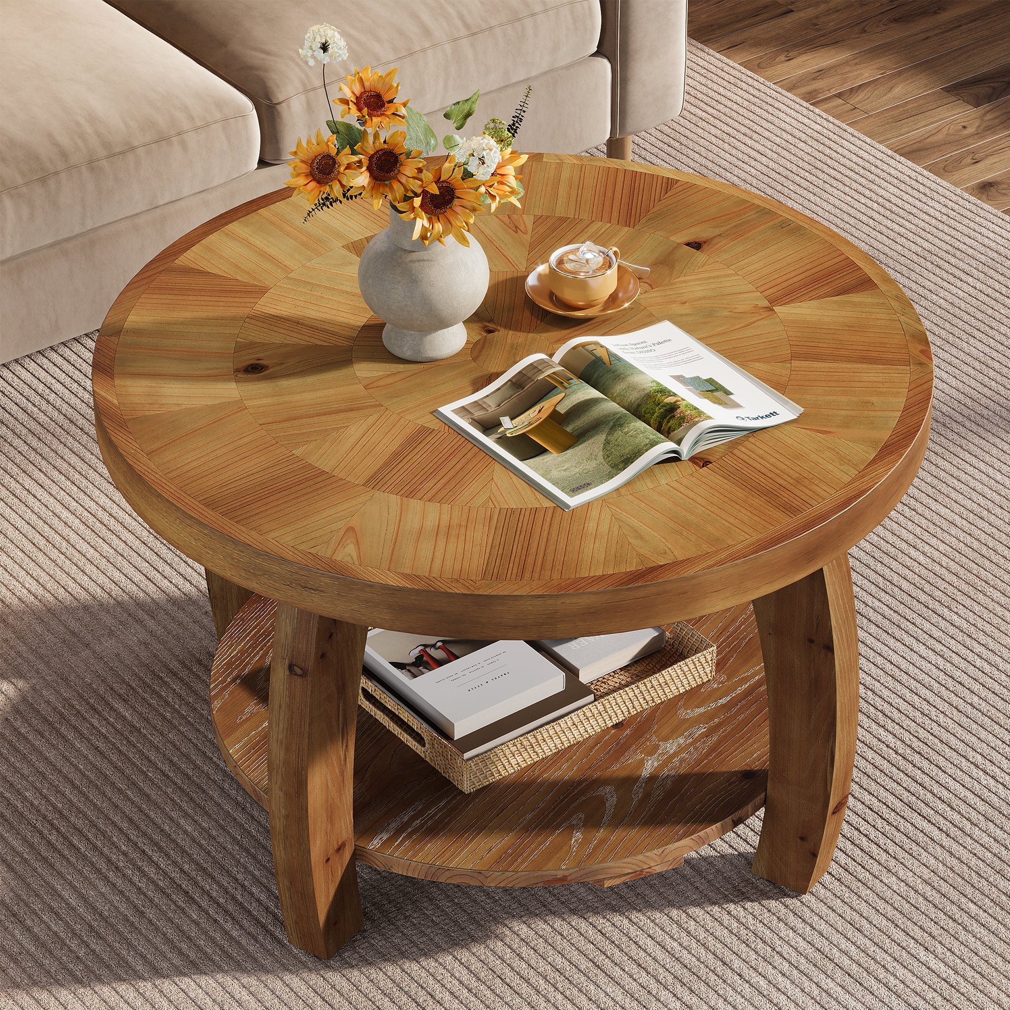 Tribesigns 80 cm ronde houten salontafel, 2-laags bijzettafeltje met mozaïekpatroon en onderste opbergplank