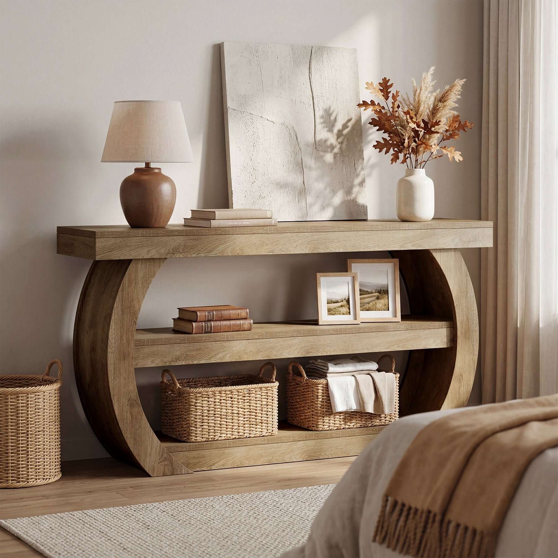 160 cm Landelijke Consoletafel met 3 Niveaus Opbergrekken, Houten Entreetafel voor Hal Woonkamer Achter Bank
