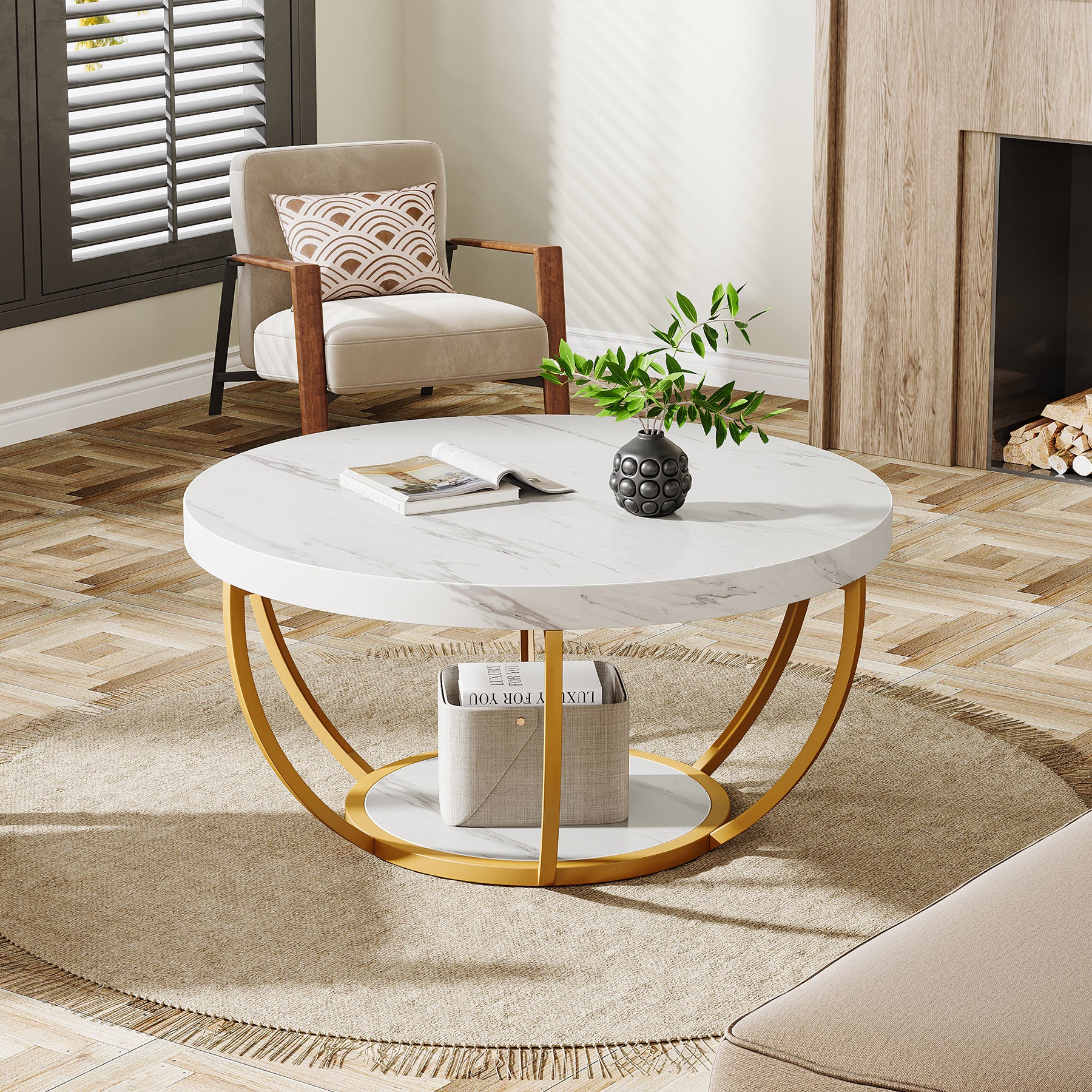 80,5 cm Ronde Industriële Salontafel, Tweelaags Middentafel in Rustiek Bruin en Zwart