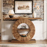 105 cm Massief Houten Consoletafel met 3 Planken en Ronde Basis 3
