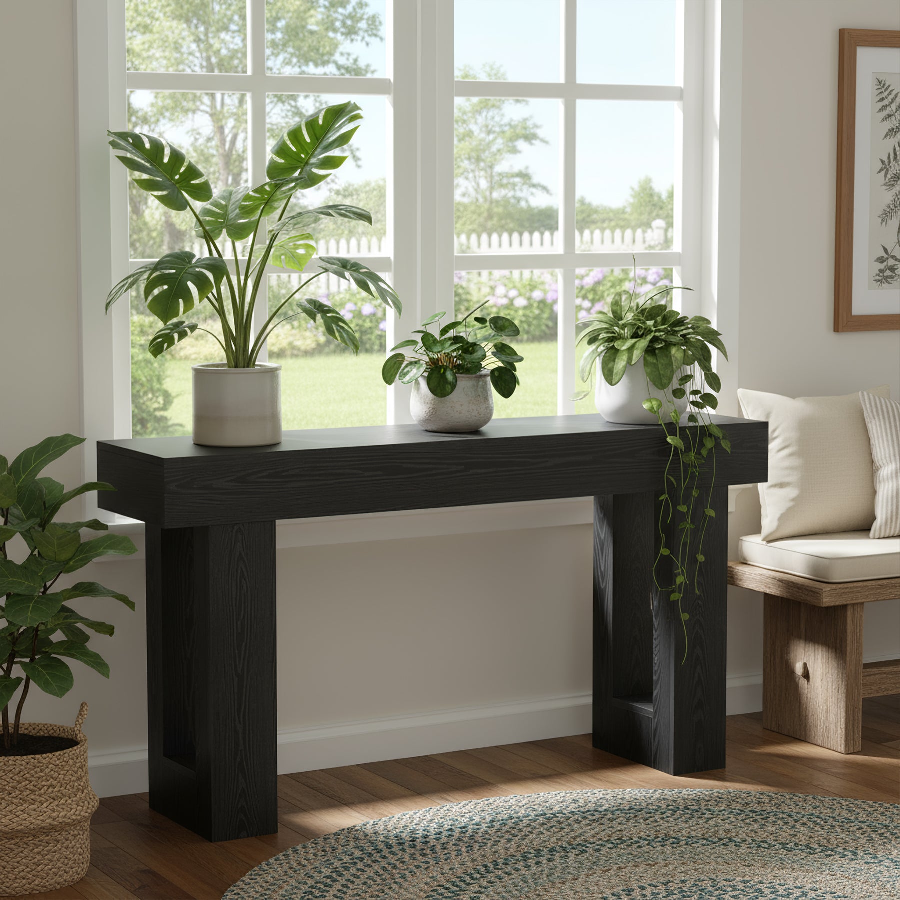 160 cm Landelijke Consoletafel met Massief Houten Poten, Houten Sofa-tafel voor Hal en Woonkamer