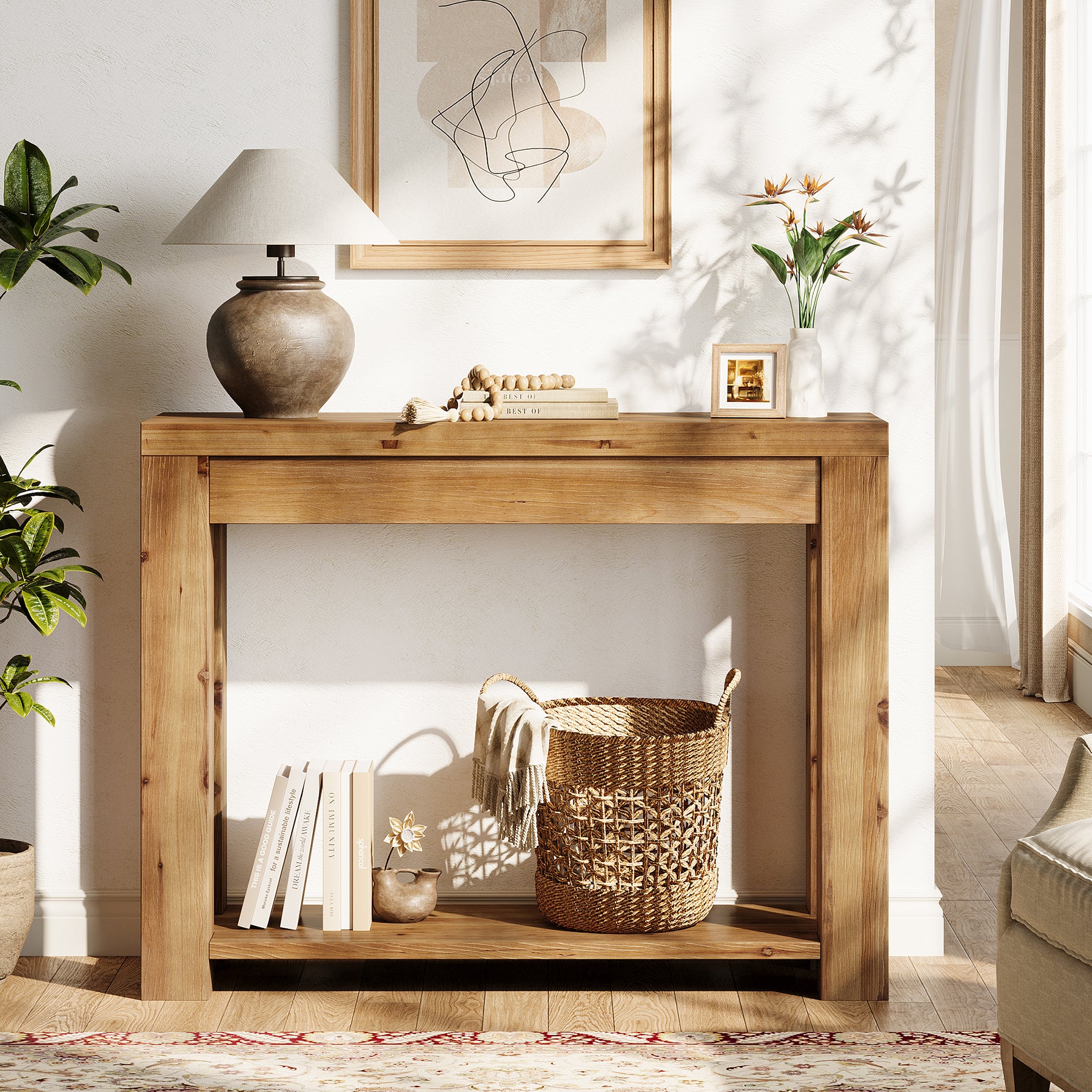 110 cm massief houten farmhouse consoletafel, smalle sidetable voor woonkamer en hal