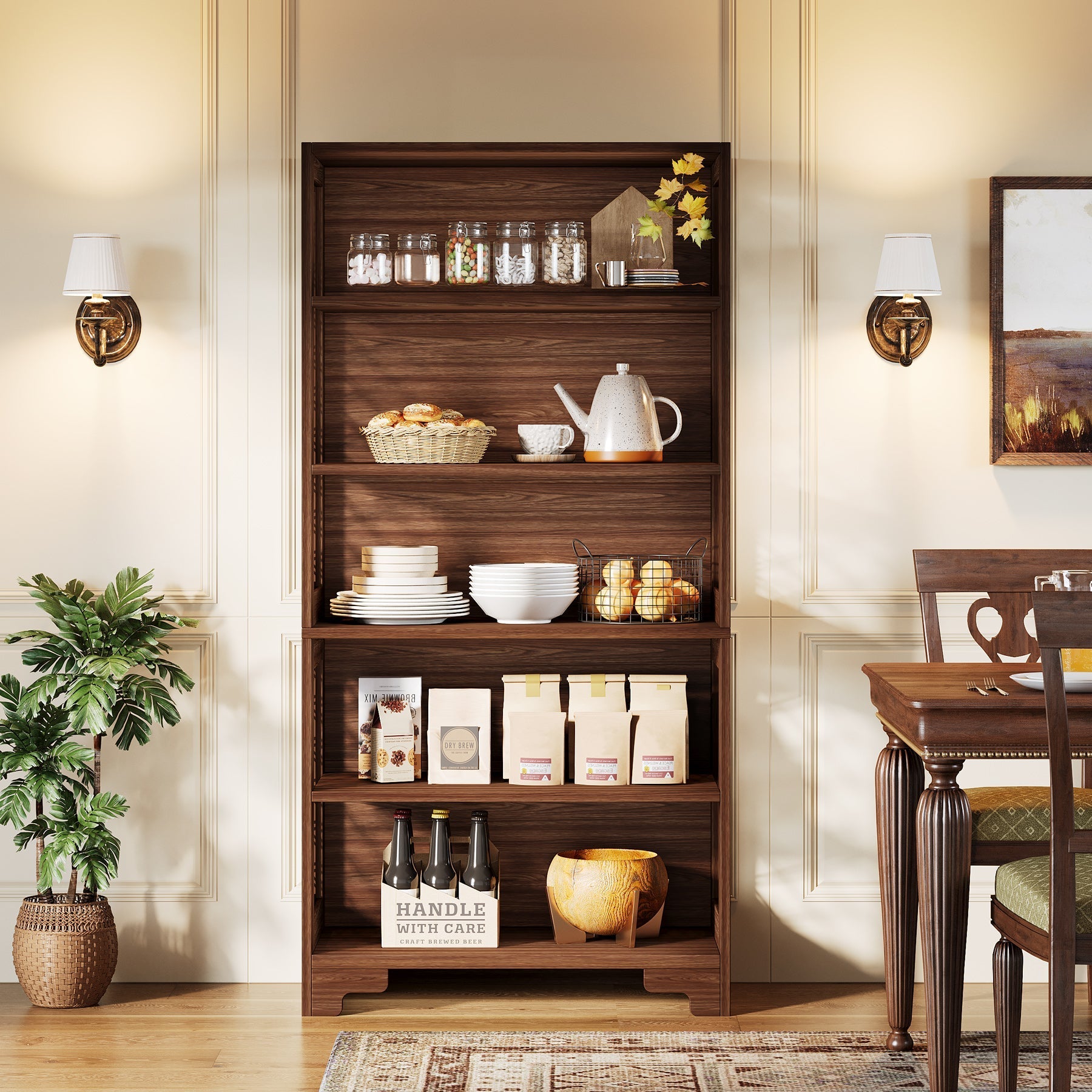 Hoge Boekenkast met Zes Planken, 180 cm Mid-Century Boekenkast voor Woonkamer