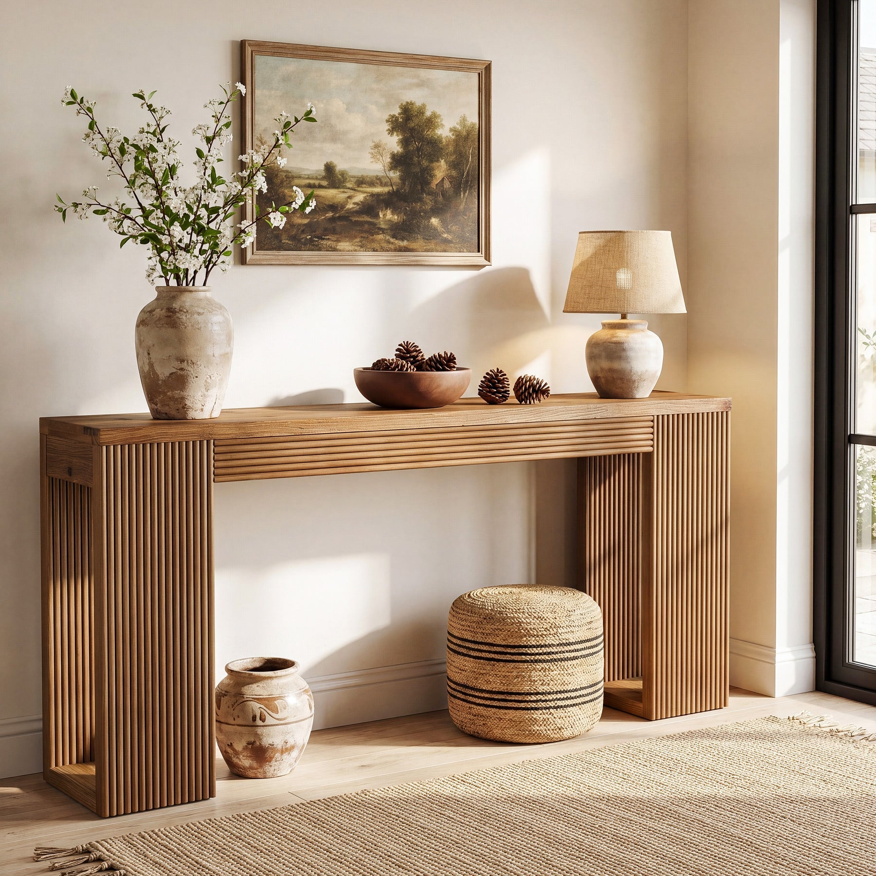 Tribesigns 160 cm Massief Houten Consoletafel, Smalle Haltafel met Geribbelde Poten